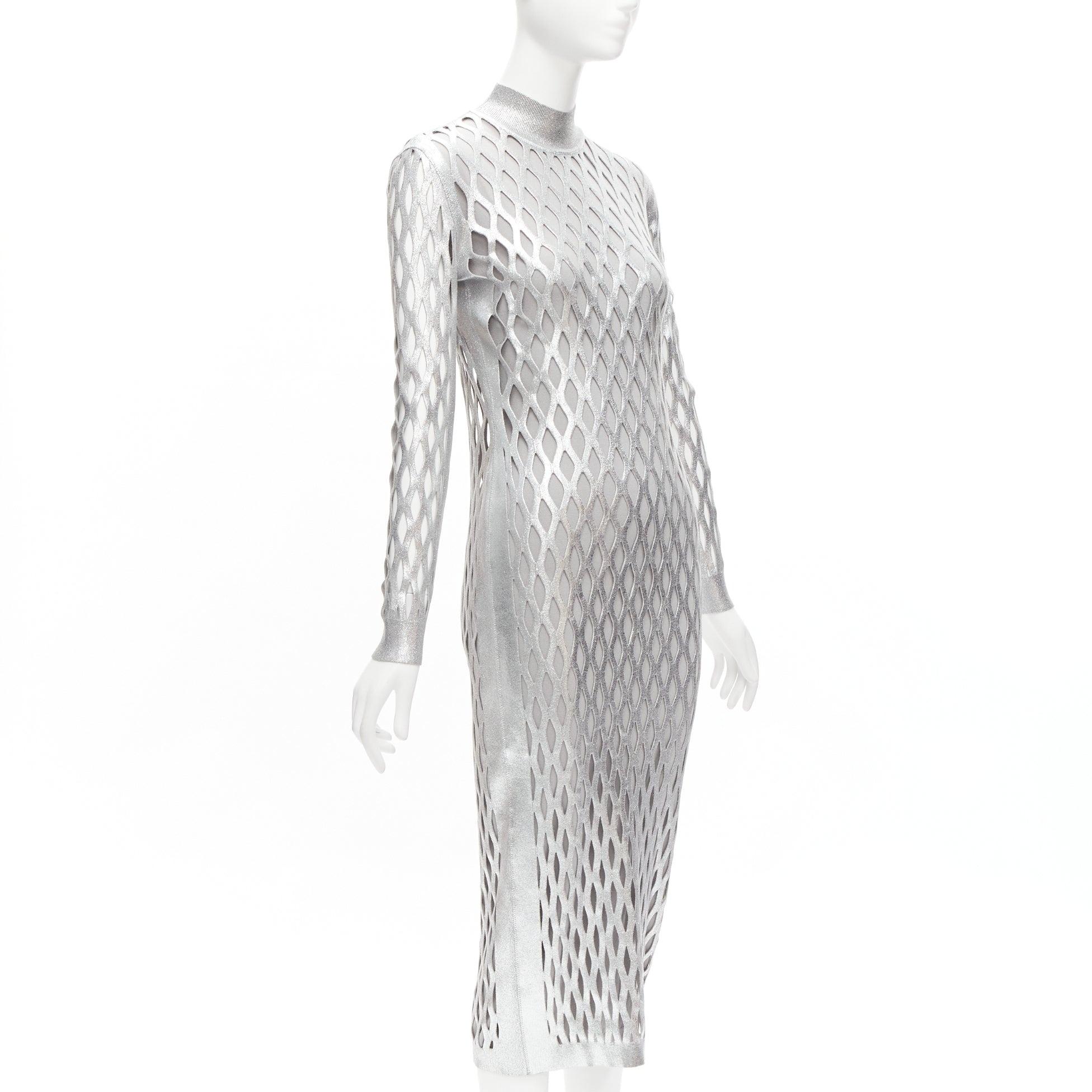 Silver new FENDI Nicki Minaj 2019 Runway Abito silver net cut out lined dress IT42 M