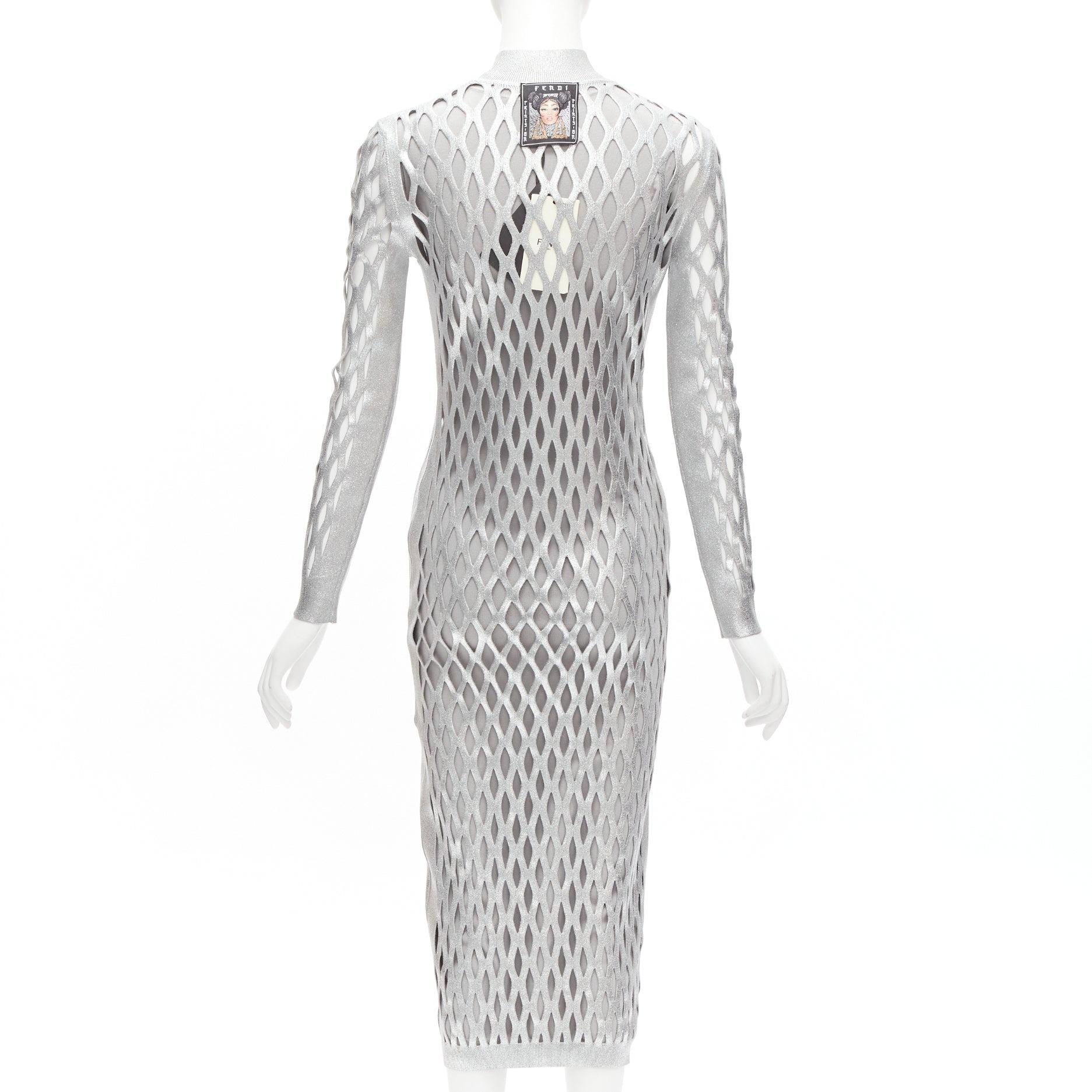 Women's new FENDI Nicki Minaj 2019 Runway Abito silver net cut out lined dress IT42 M For Sale
