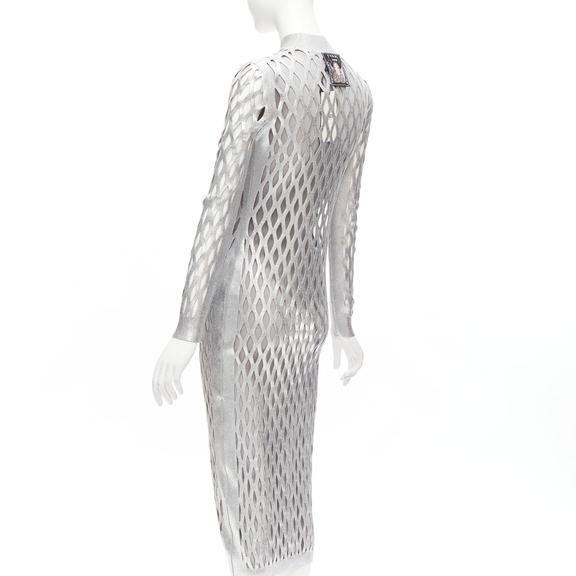 new FENDI Nicki Minaj 2019 Runway Abito silver net cut out lined dress IT42 M 1