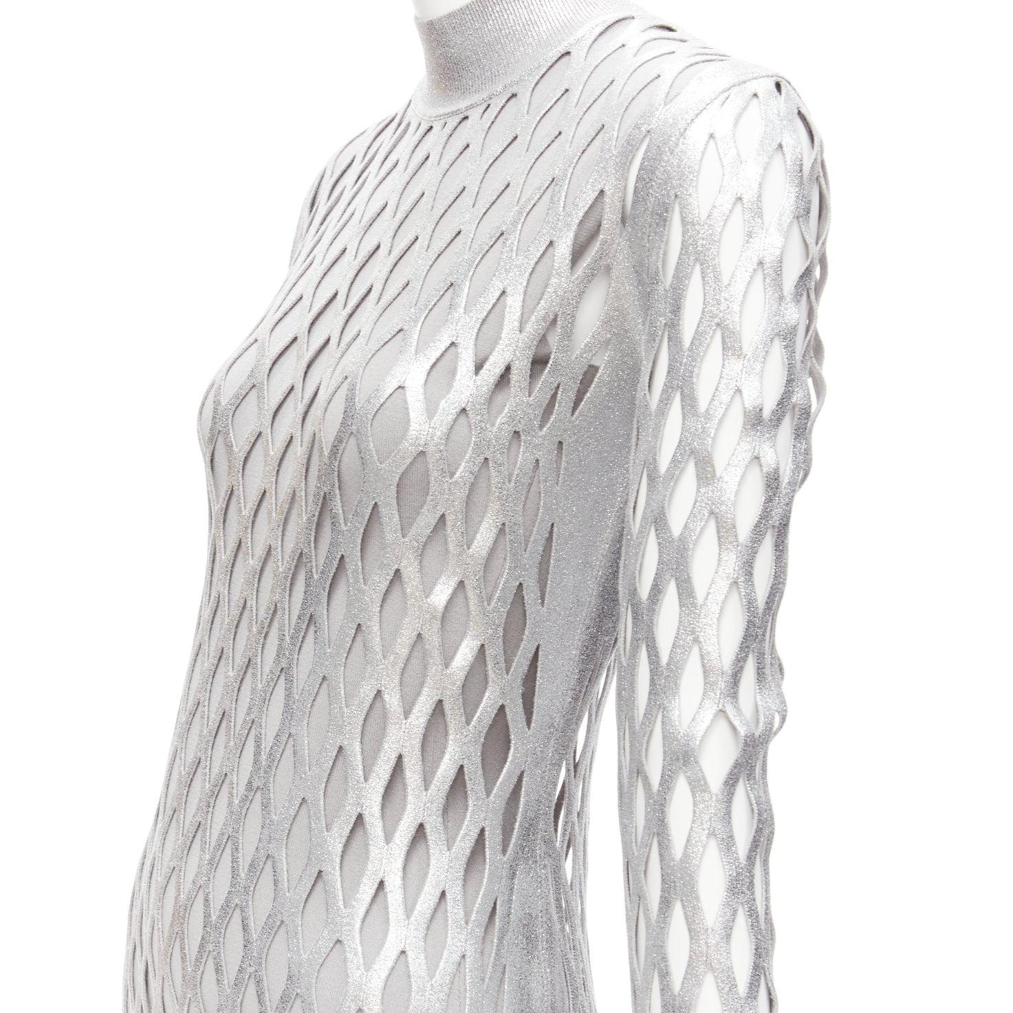 new FENDI Nicki Minaj 2019 Runway Abito silver net cut out lined dress IT42 M For Sale 2