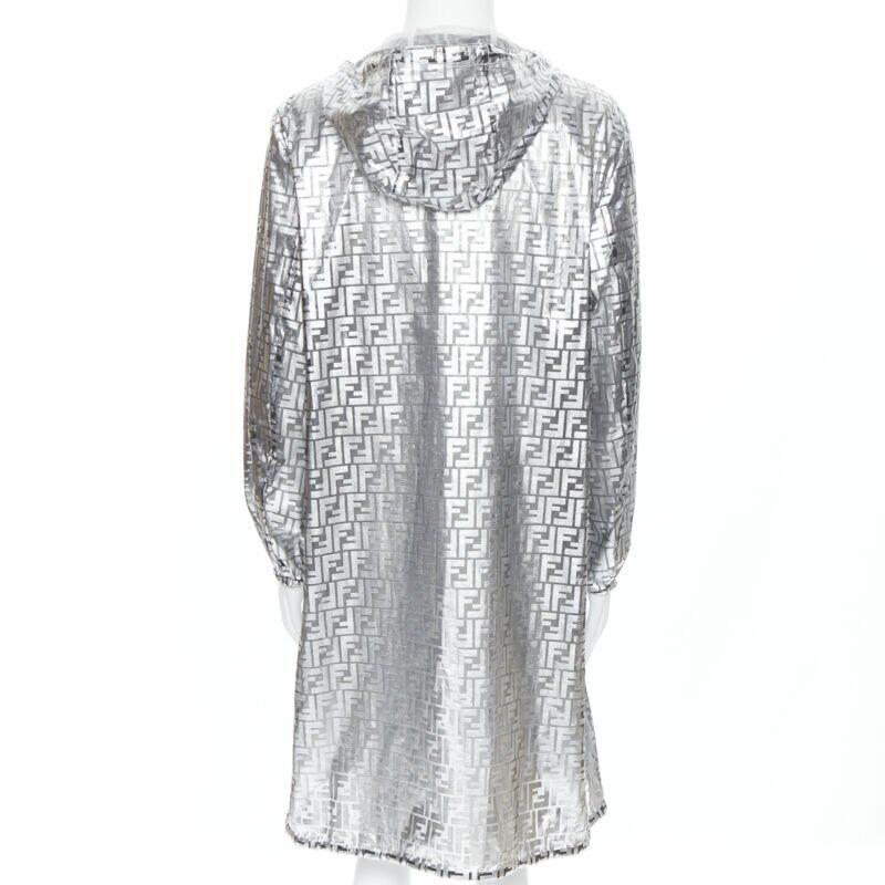 Women's new FENDI Nicki Minaj Prints On metallic silver FF Zucca monogram anorak coat L For Sale