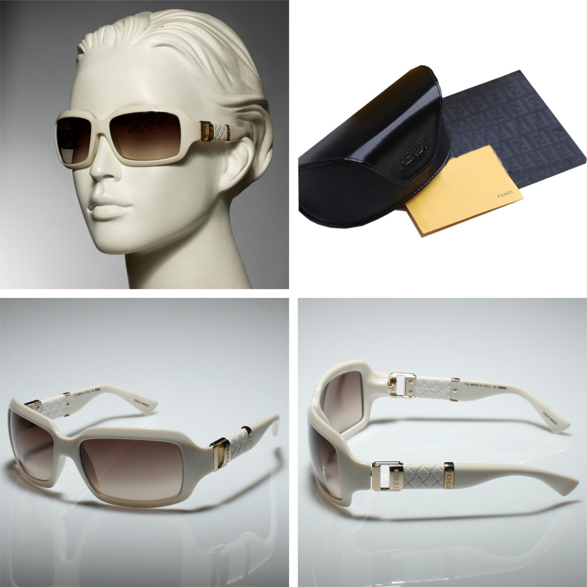 New Fendi Off White Sunglasses with Case

Brand New
Gold Hardware
Beautiful Off White Frames
59-17-115
Lightweight Scratch and Impact Resistant
Made in Italy
100% UVA/UVB Protection
Comes with Case & Cleaning Clothing