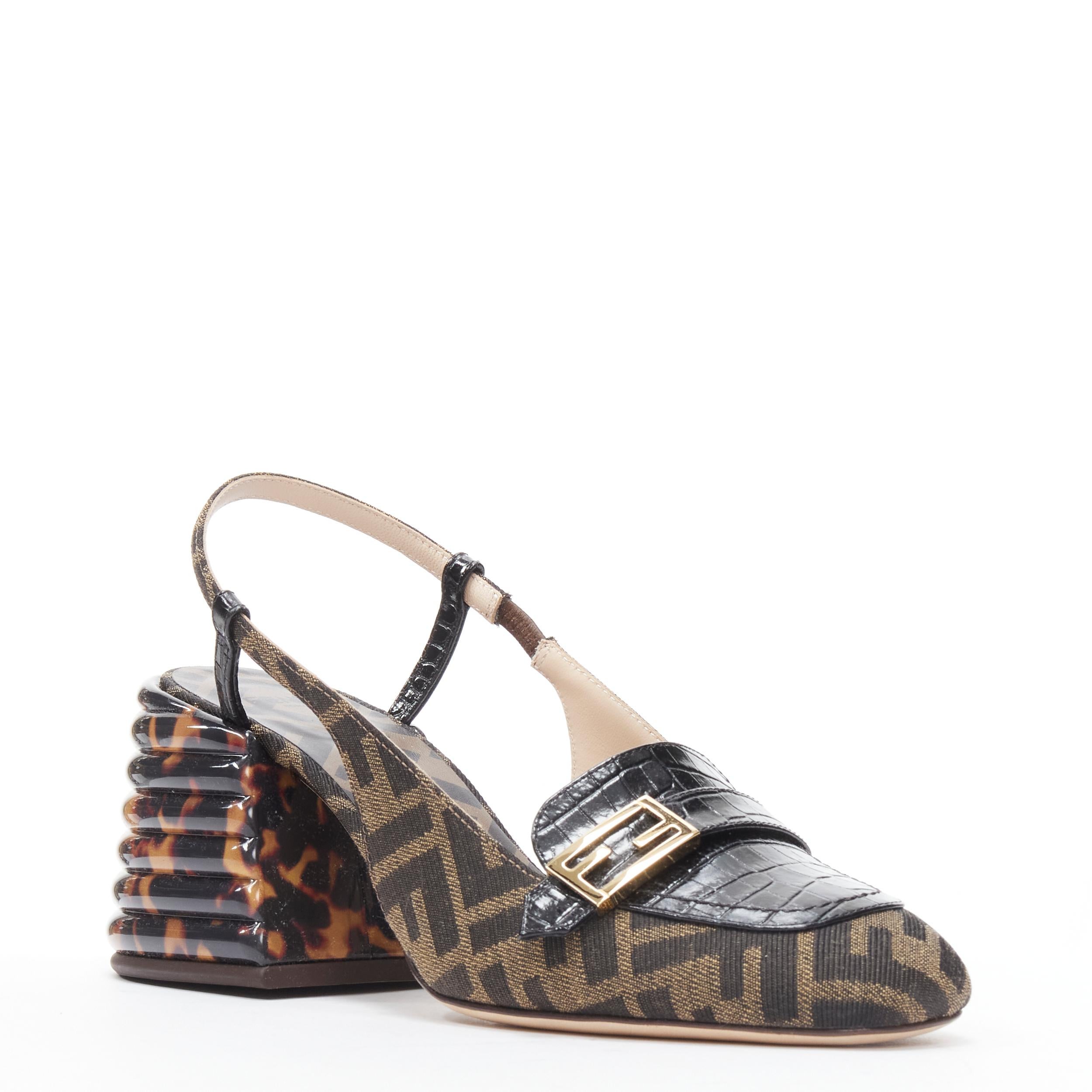 new FENDI Promenade Zucca FF monogram leather buckle tortoise heel loafer EU38.5 Reference: TGAS/B01605 
Brand: Fendi 
Model: Promenade heel 
Material: Fabric 
Color: Brown 
Closure: Slingback 
Extra Detail: Zucca monogram canvas. Mock croc leather