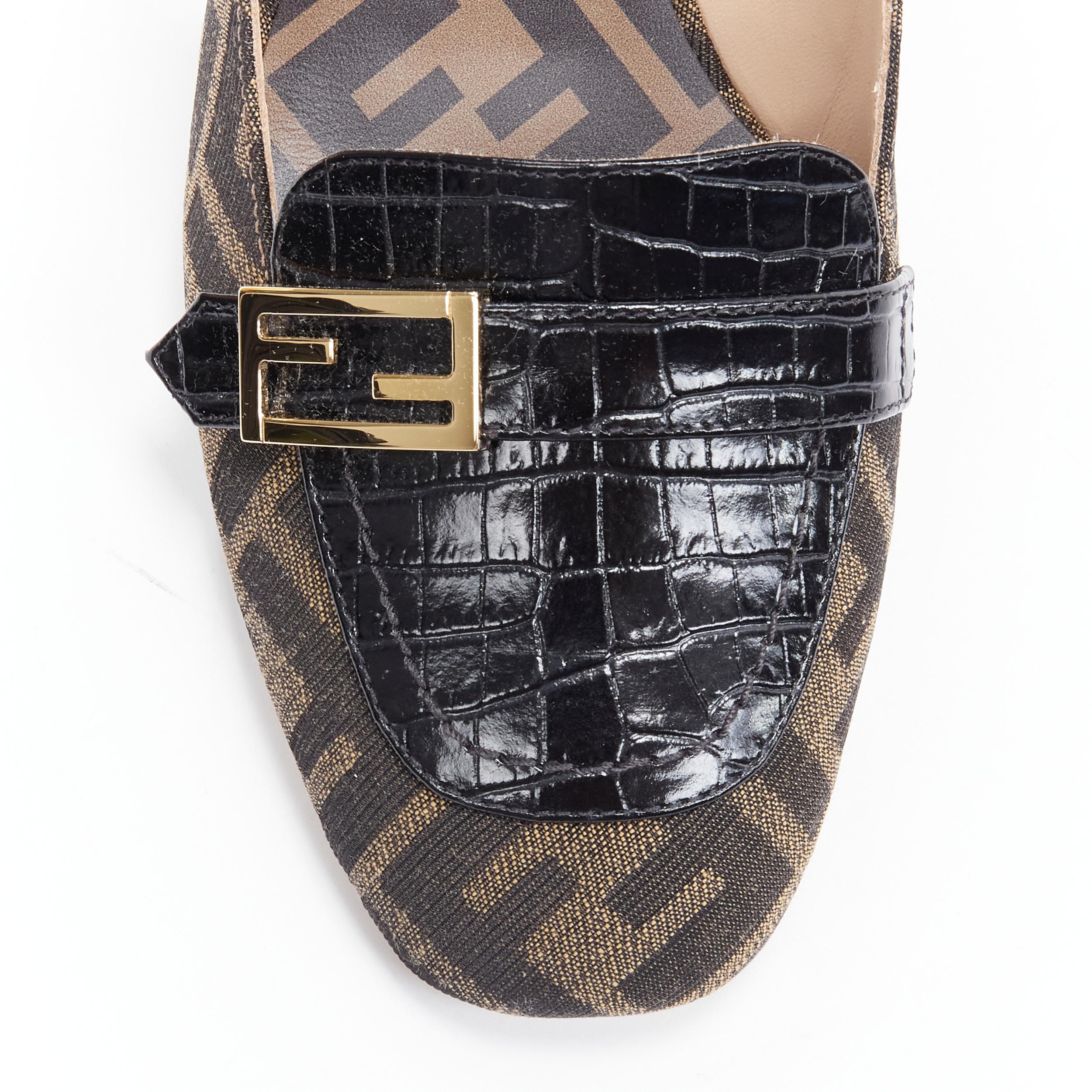 Gray new FENDI Promenade Zucca FF monogram leather buckle tortoise heel loafer EU38.5