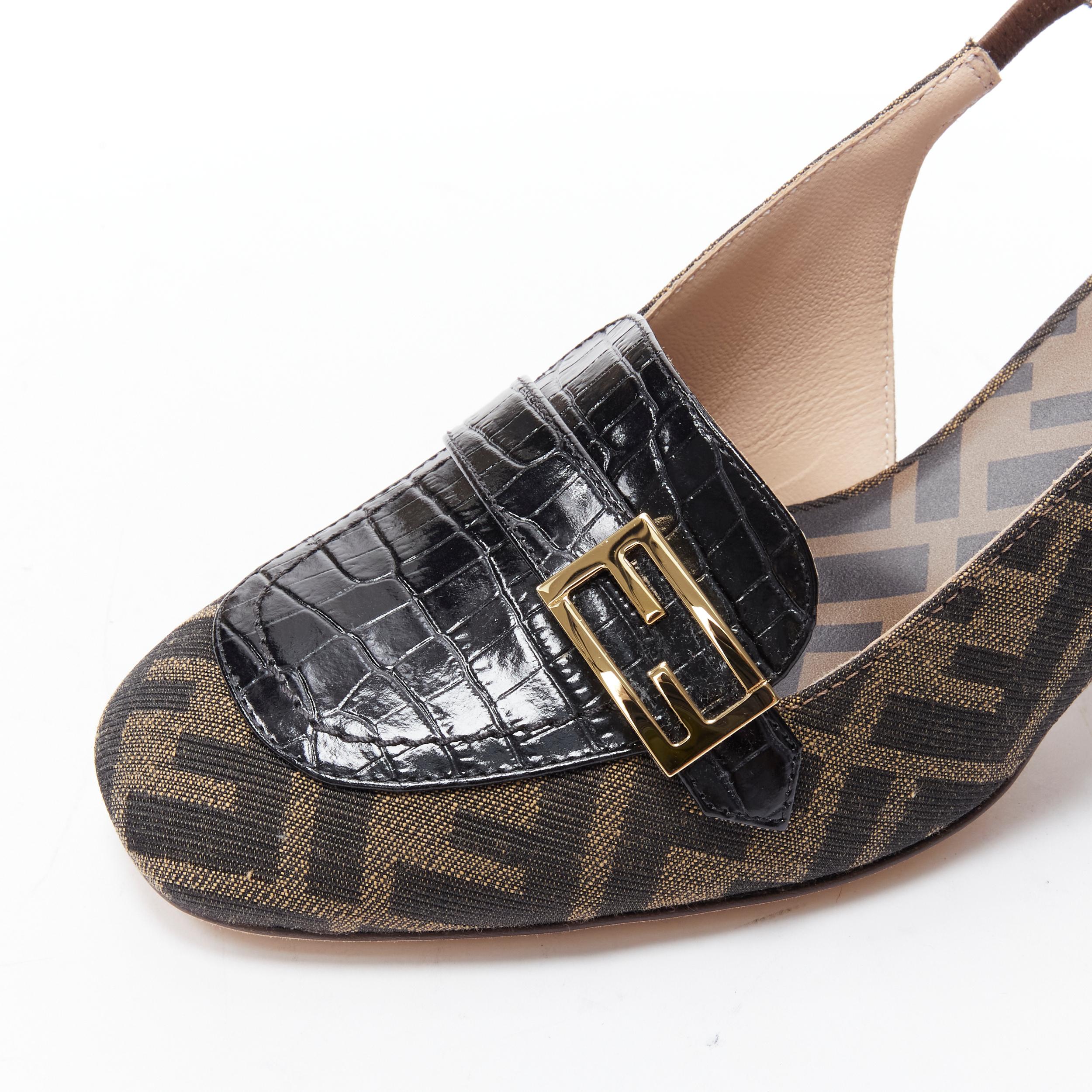 new FENDI Promenade Zucca FF monogram leather buckle tortoise heel loafer EU38.5 In New Condition In Hong Kong, NT