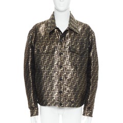 new FENDI rare metallic gold FF Zucca monogram logo woven trucker jacket IT48 M
