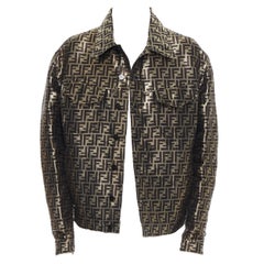 new FENDI rare metallic gold FF Zucca monogram logo woven trucker jacket IT48 M