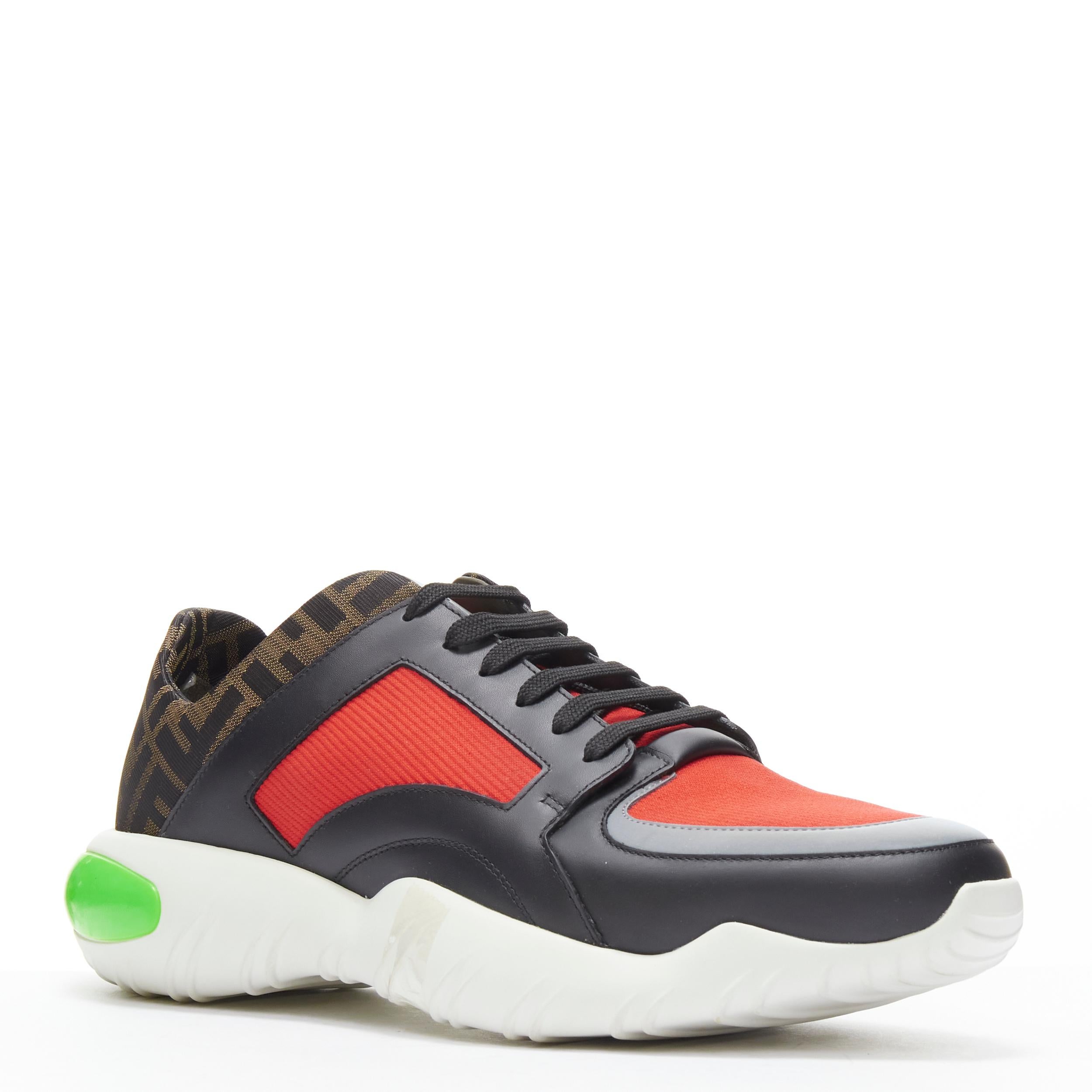 new FENDI red neon green Zucca monogram low top sneaker UK10 EU44 
Reference: TGAS/B01590 
Brand: Fendi 
Model: Zucca Tech runner 
Material: Fabric 
Color: Red 
Pattern: Solid 
Closure: Lace Up 
Extra Detail: Reflective detailing at toe box and on
