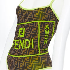 new FENDI Roma Amor brown Zucca neon yellow trimmed one piece swimsuit IT36