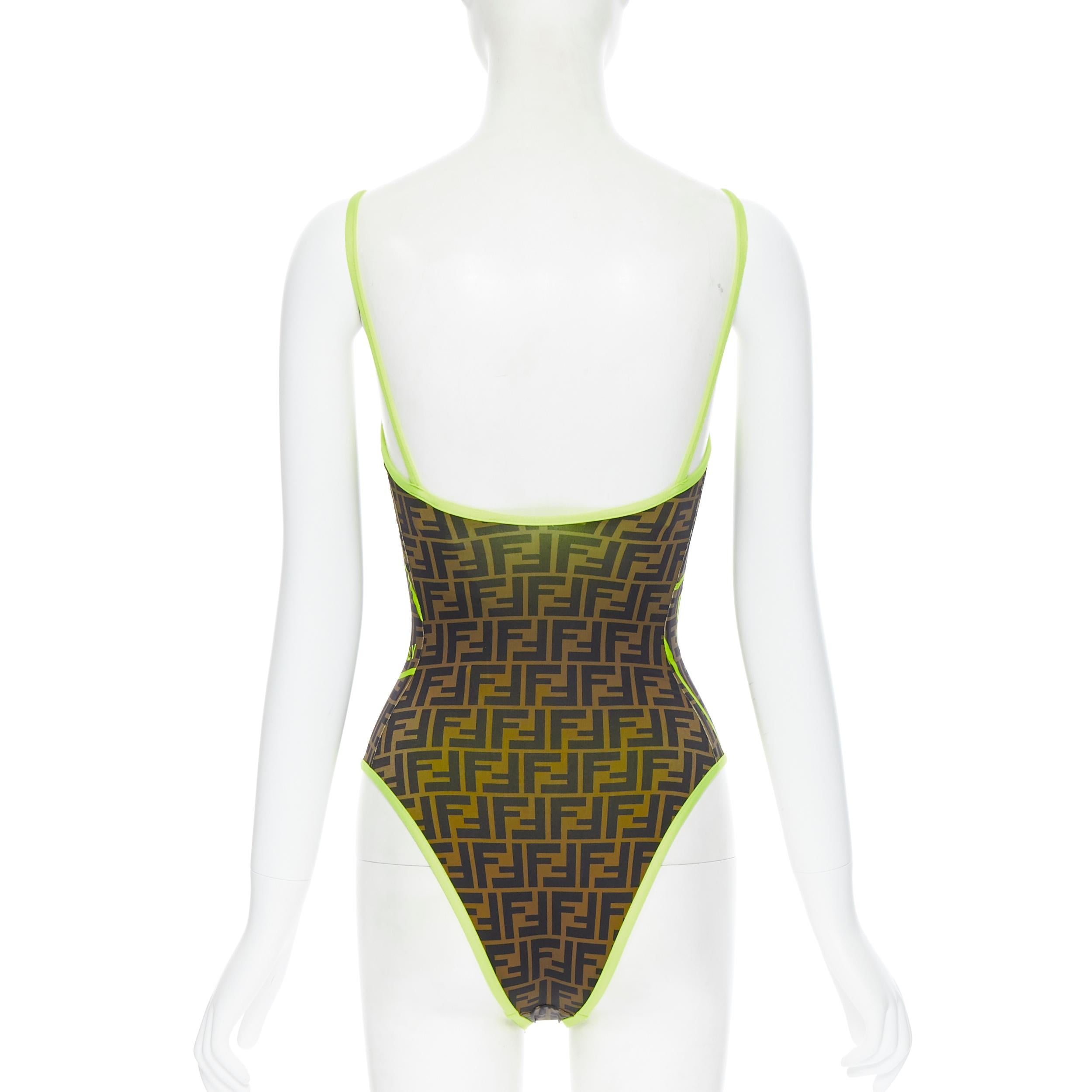 Brown new FENDI Roma Amor brown Zucca neon yellow trimmed one piece swimsuit IT36