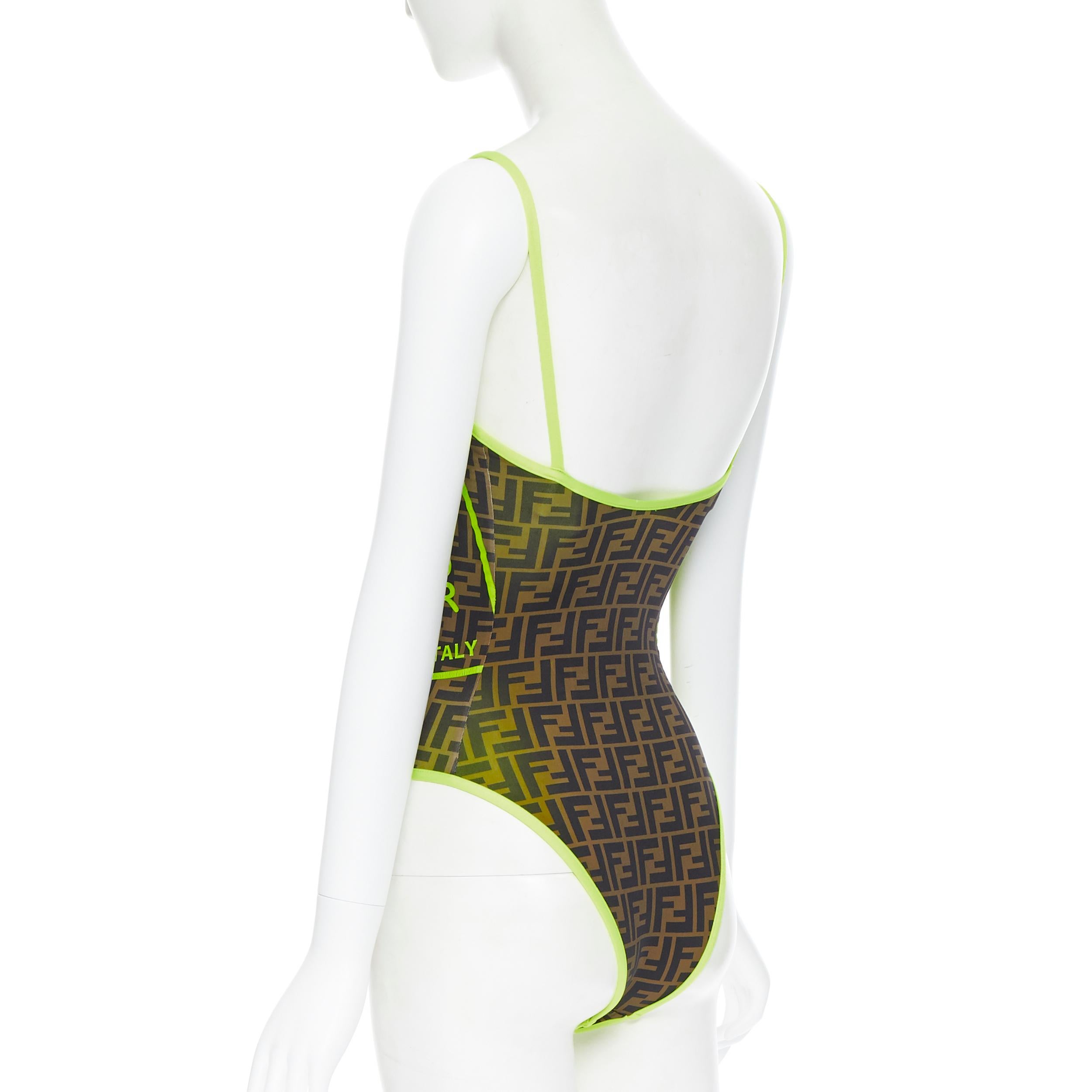new FENDI Roma Amor brown Zucca neon yellow trimmed one piece swimsuit IT36 In New Condition In Hong Kong, NT
