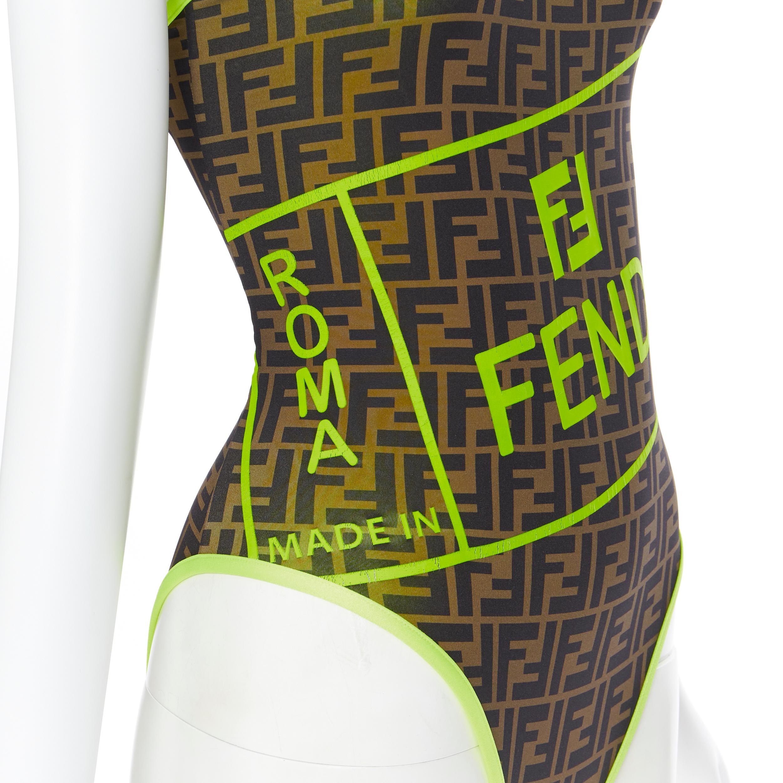 Women's new FENDI Roma Amor brown Zucca neon yellow trimmed one piece swimsuit IT36