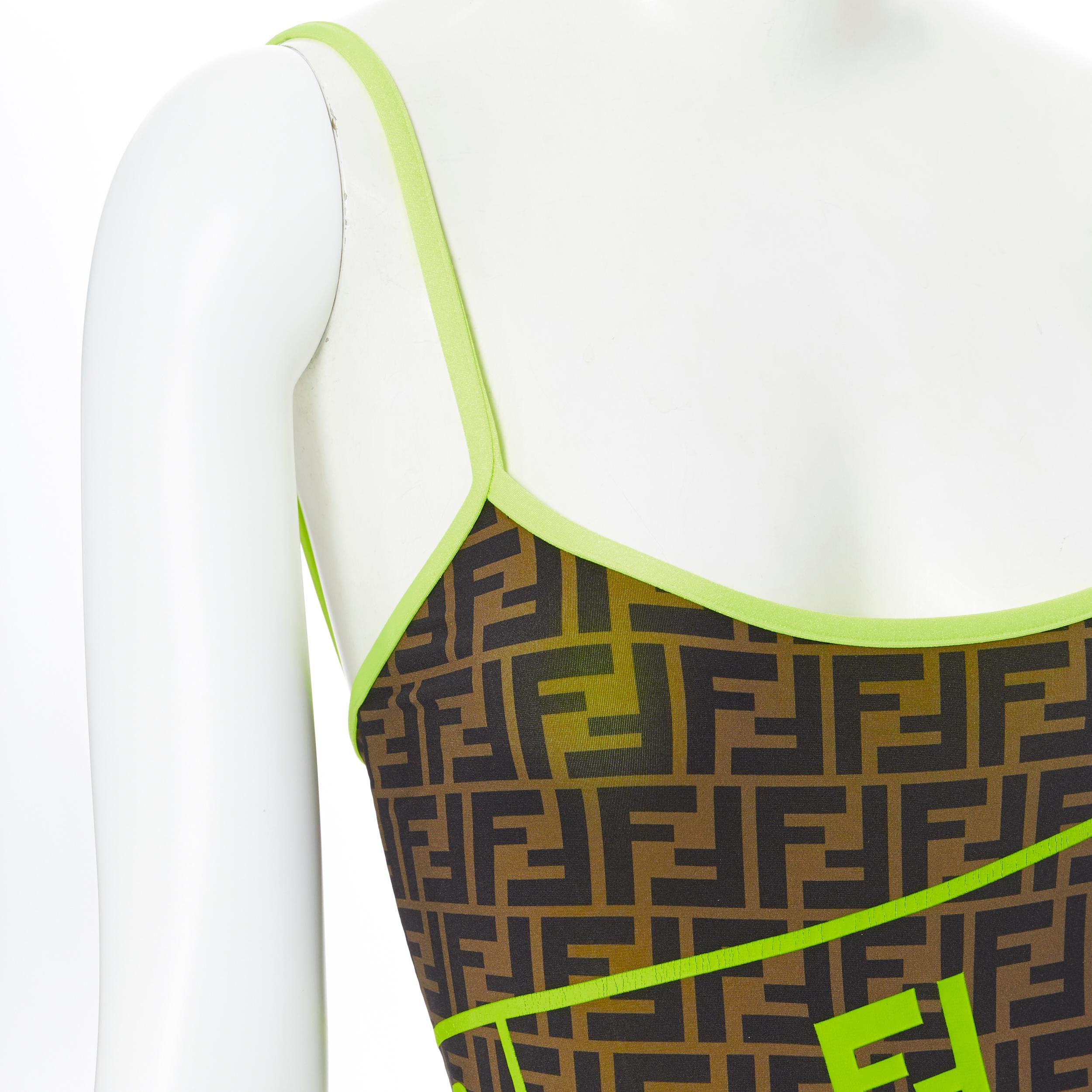 new FENDI Roma Amor brown Zucca neon yellow trimmed one piece swimsuit IT36 1