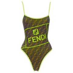 new FENDI Roma Amor brown Zucca neon yellow trimmed one piece swimsuit IT36