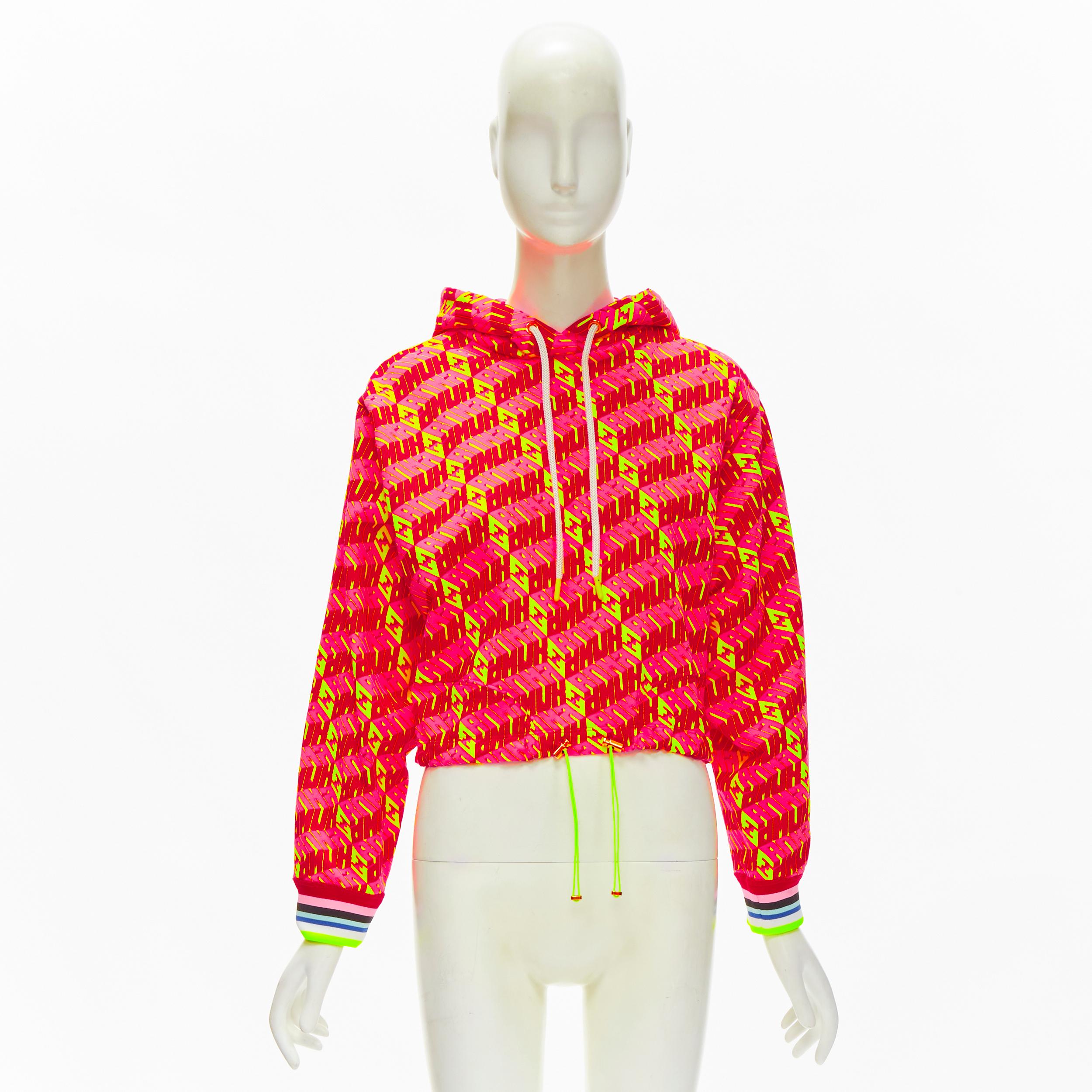 new FENDI Roma Amor neon pink yellow FF Zucca monogram cropped hoodie XS For Sale 4