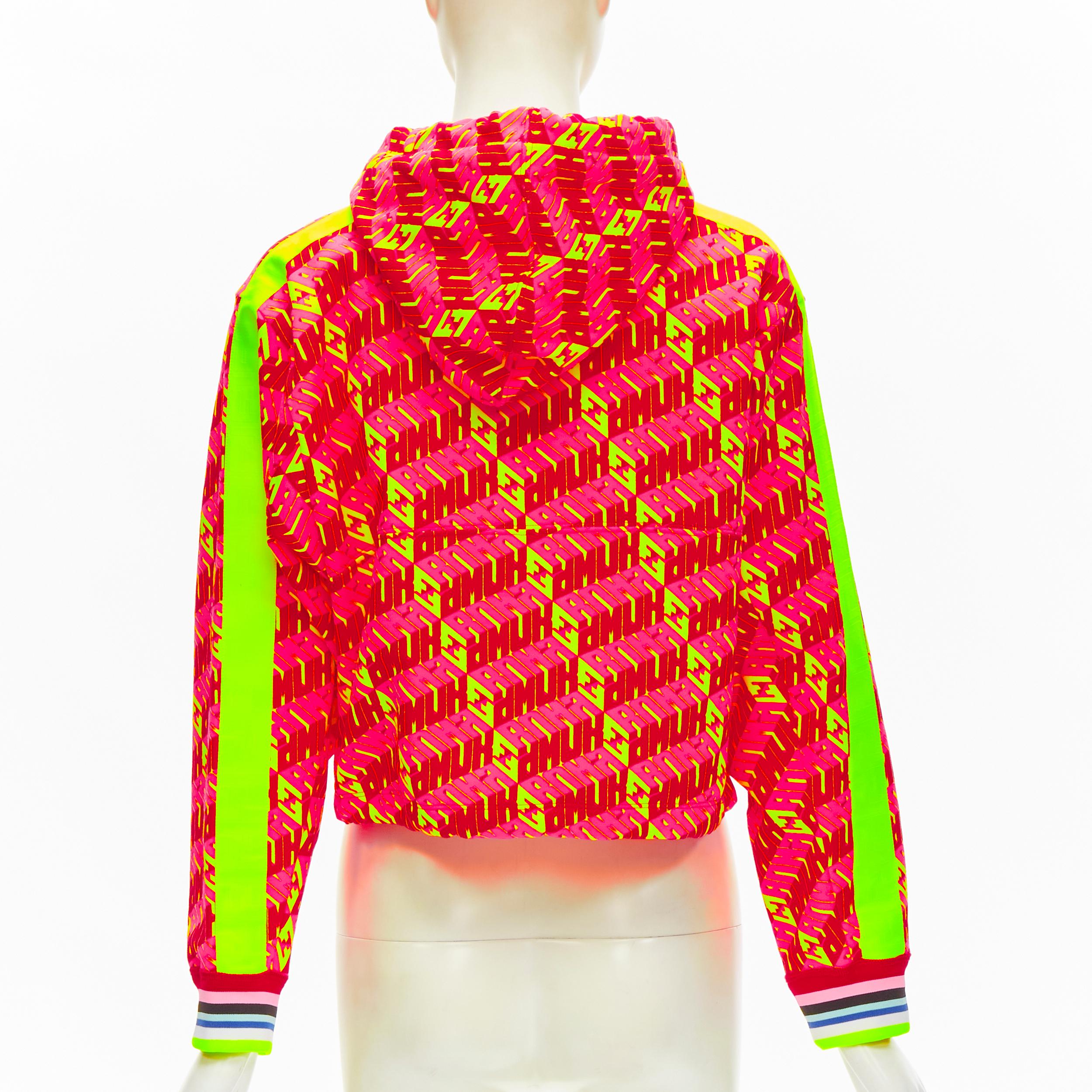 Red new FENDI Roma Amor neon pink yellow FF Zucca monogram cropped hoodie XS For Sale