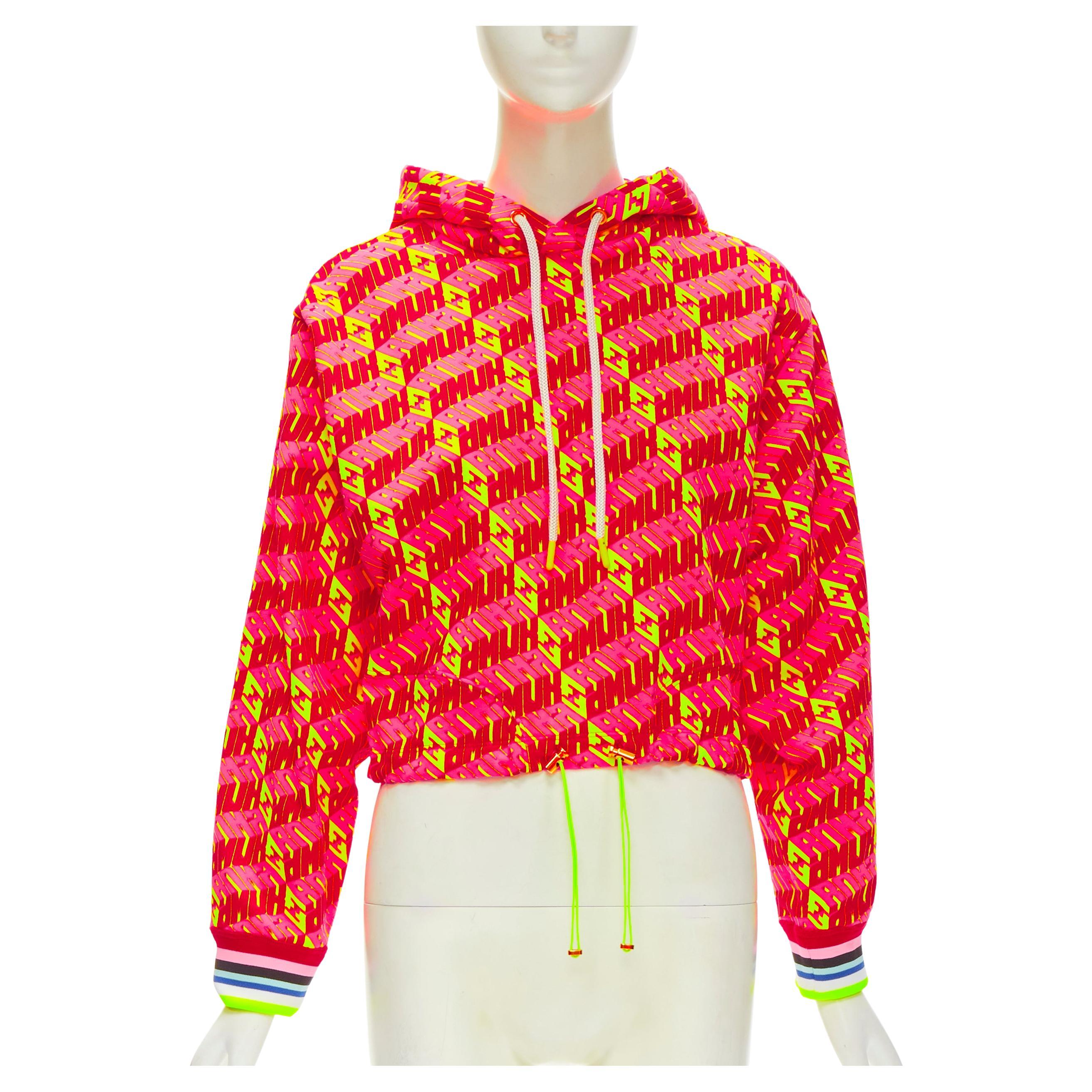 new FENDI Roma Amor neon pink yellow FF Zucca monogram cropped hoodie XS For Sale