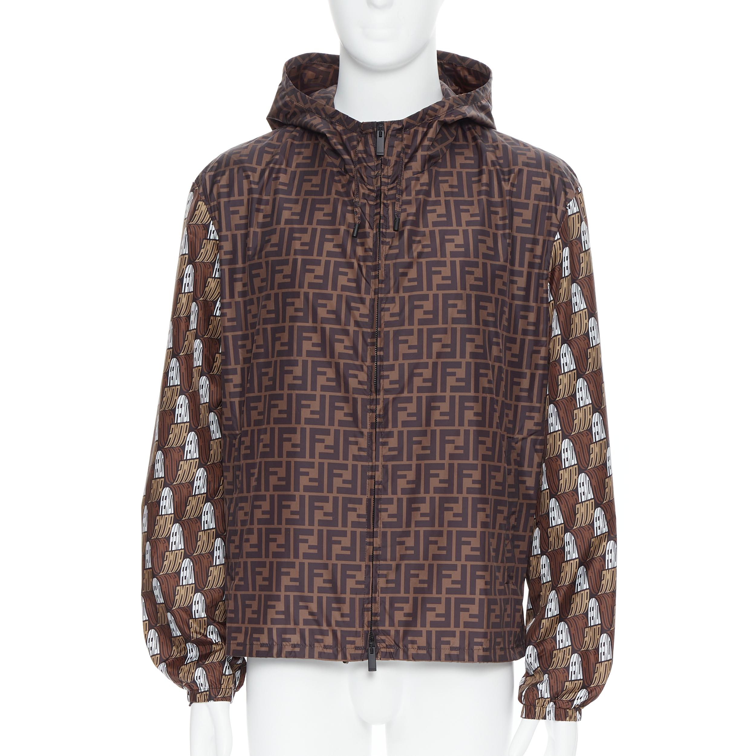new FENDI Roma Amor Zucca monogram print gold embroidery windbreaker jacket IT54 Reference: TGAS/B00351 Brand: Fendi Material: Nylon Color: Brown Pattern: Other Closure: Zip Extra Detail: Zucca monogram print. Fendi Roma Amor print on both sleeves.