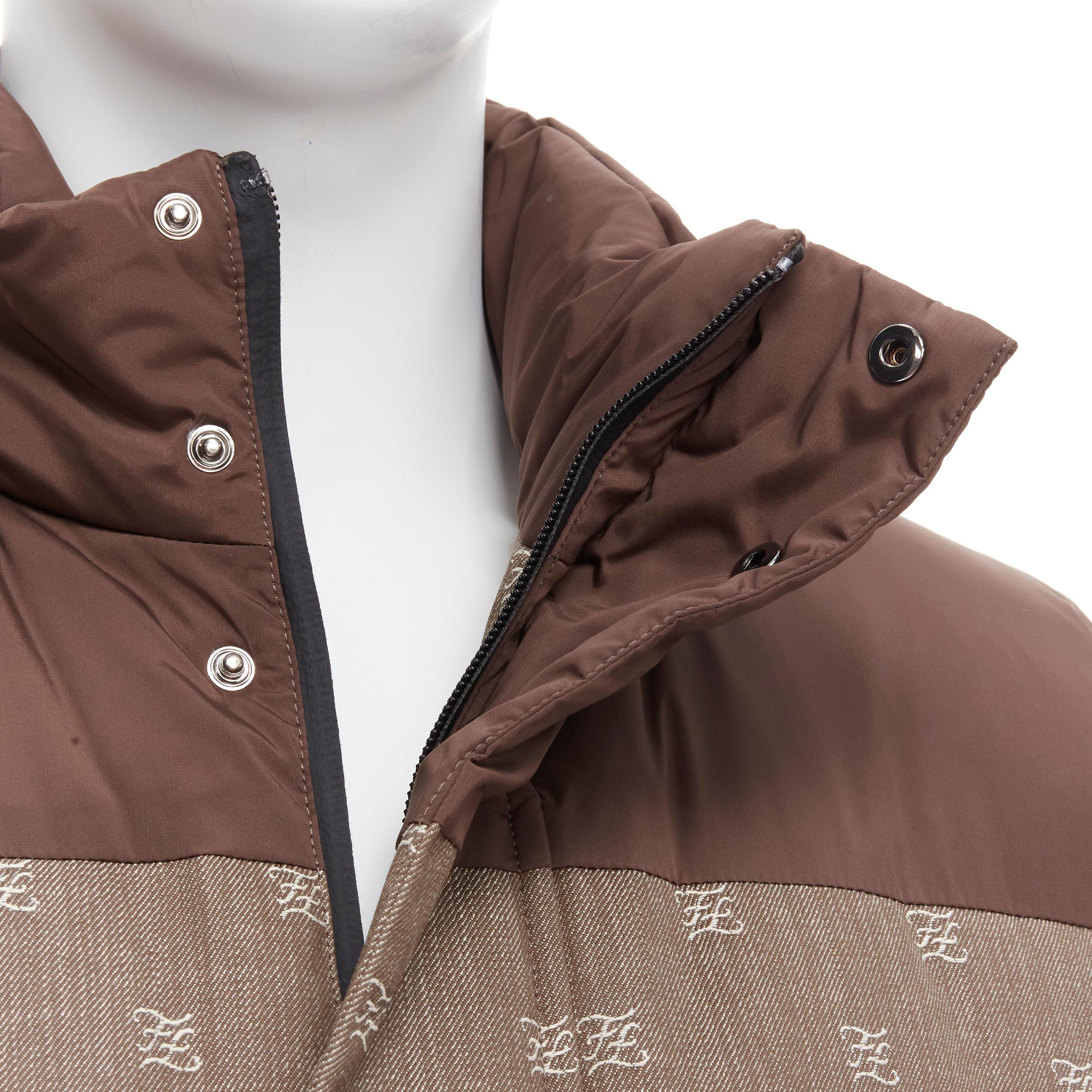 new FENDI script FF Zucca monogram jacquard down puffer vest jacket EU46 S 
Reference: TGAS/B01603 
Brand: Fendi 
Material: Cotton 
Color: Brown 
Pattern: Solid 
Closure: Zip 
Extra Detail: Goose down padded. Brown nylon at shoulder. Script GG