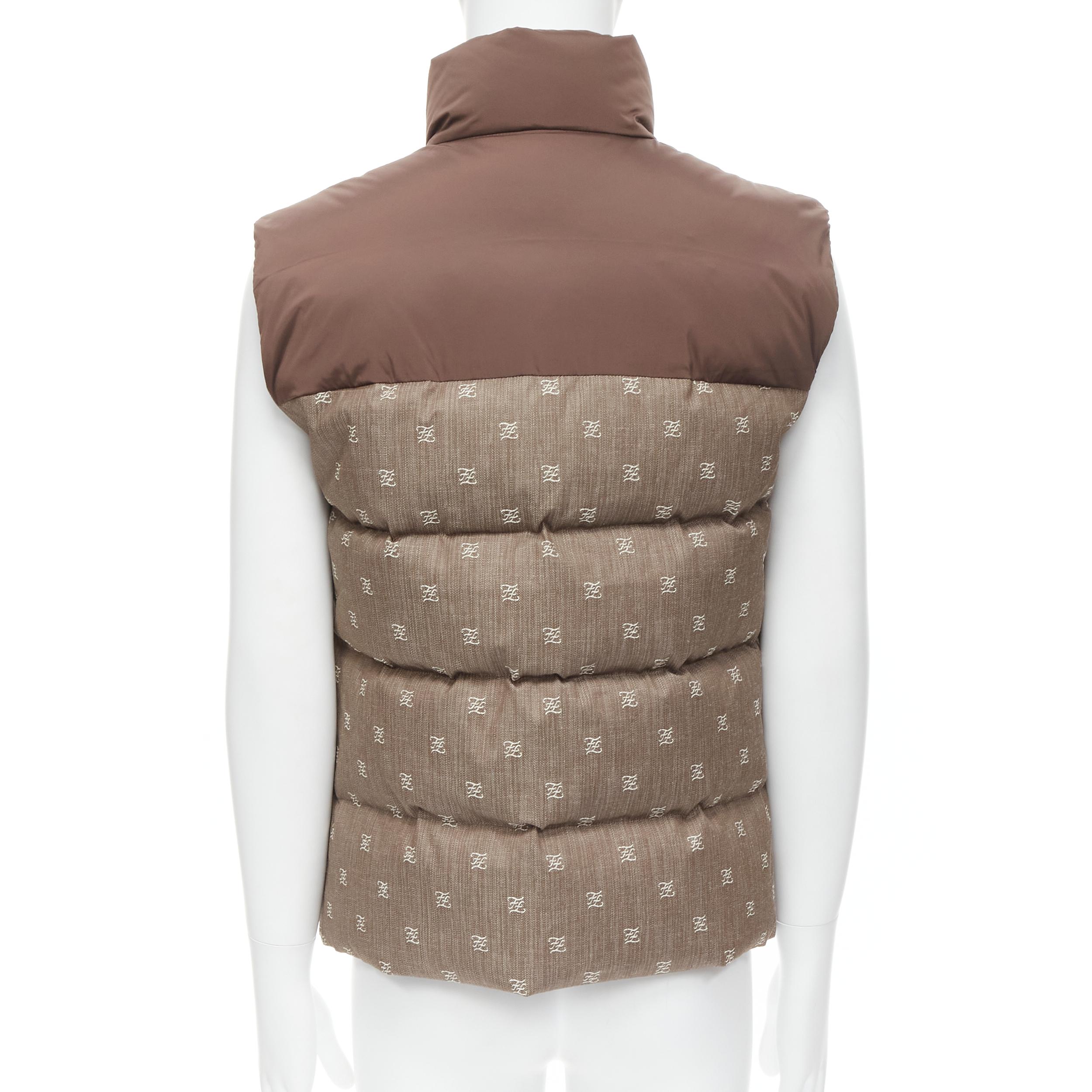 Gray new FENDI script FF Zucca monogram jacquard down puffer vest jacket S EU46 For Sale