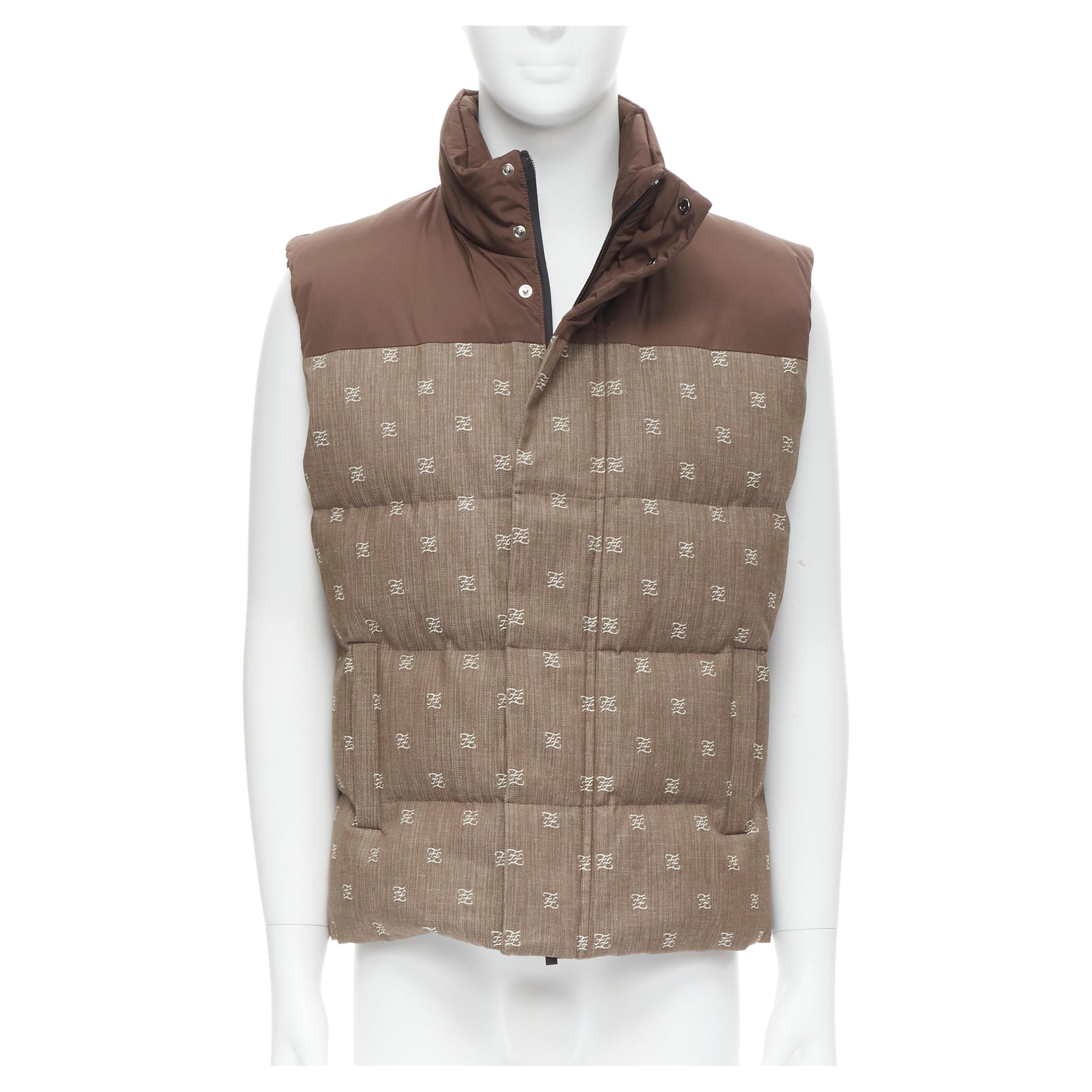 new FENDI script FF Zucca monogram jacquard down puffer vest jacket S EU46 For Sale