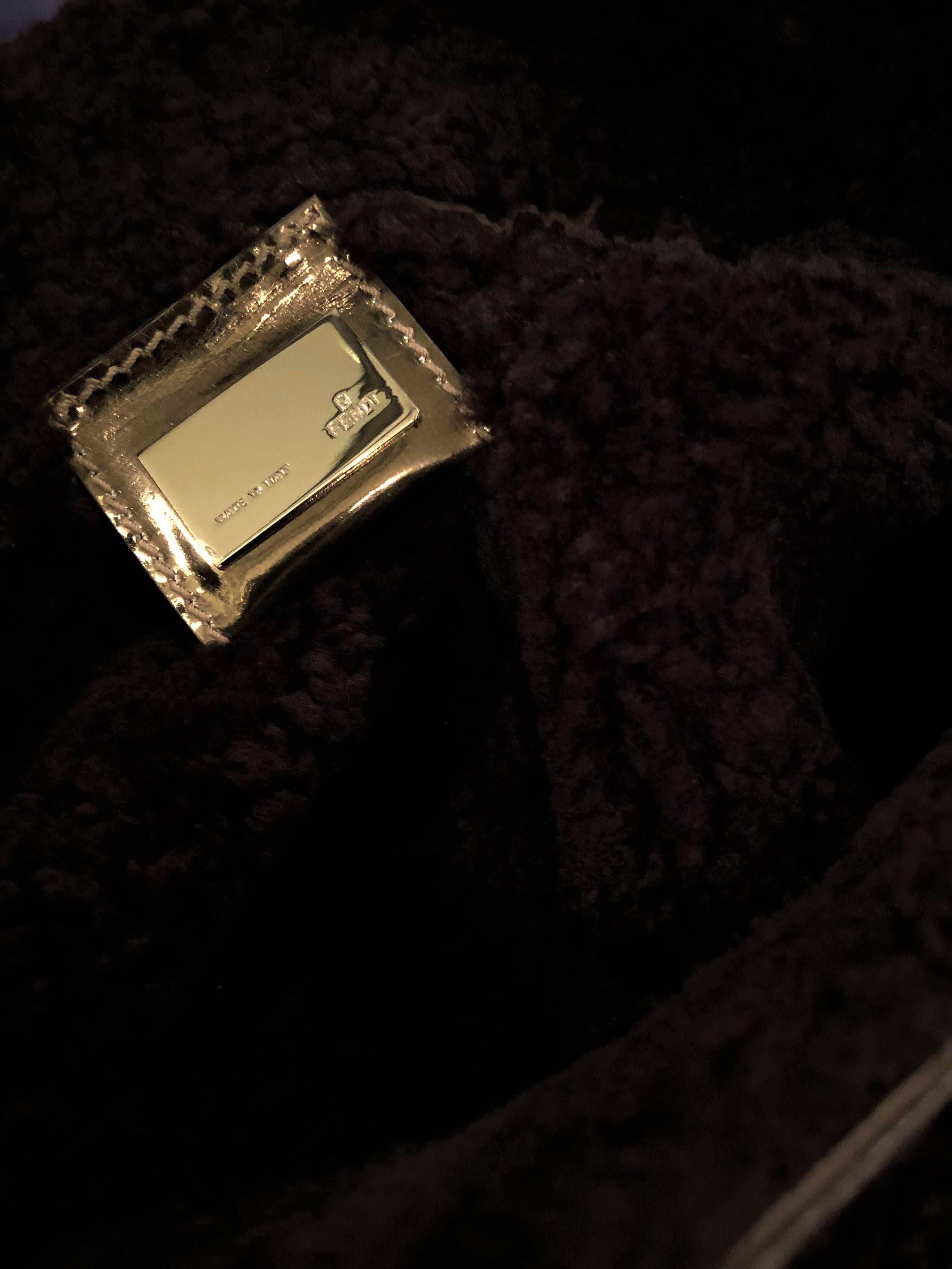 New Fendi Bronze Metallic Chef Baguette Fully Lined in Shearling Bag For Sale 5