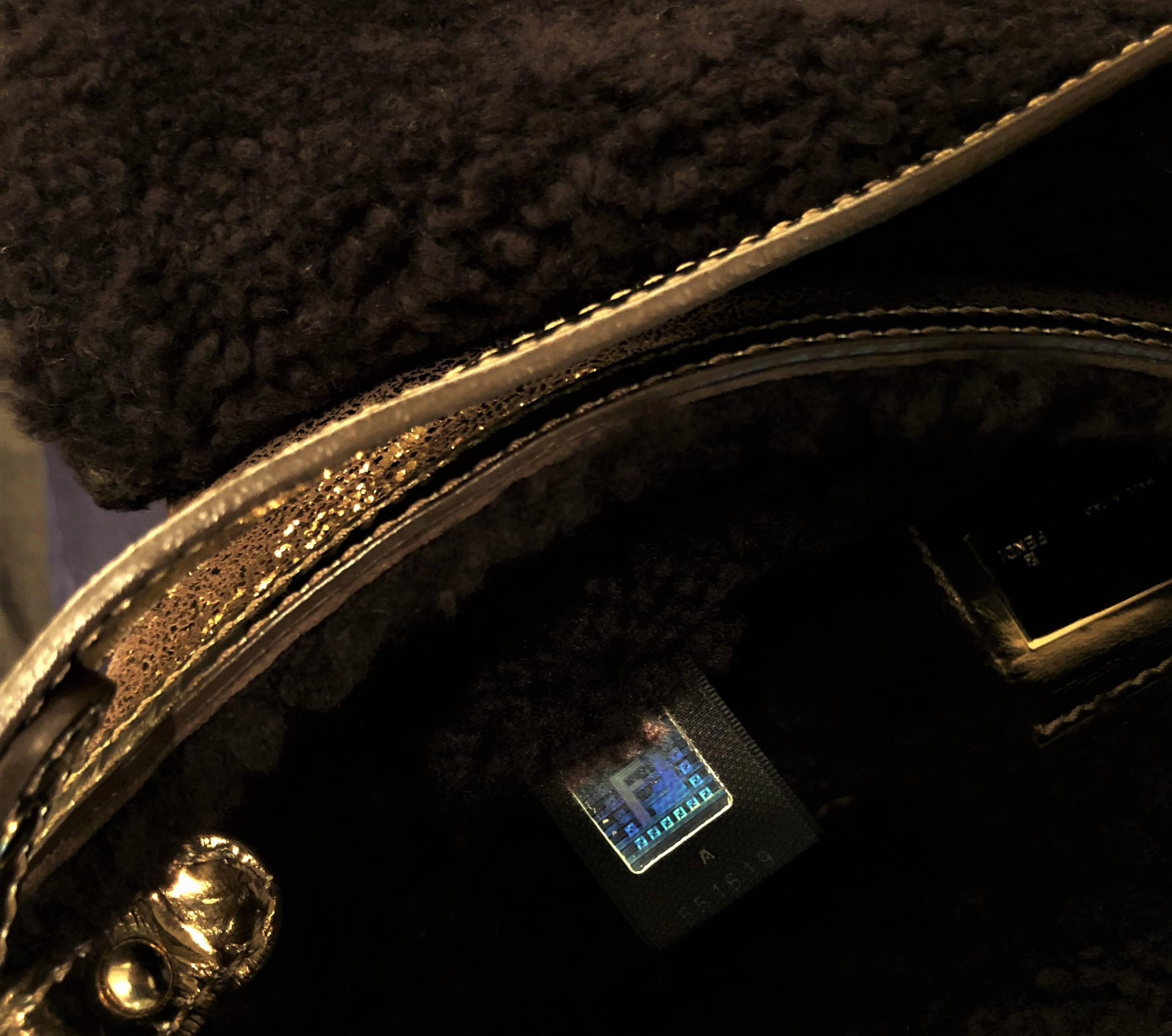 New Fendi Shearling Bronze Baguette Bag With Fendi Squirrel Purse Charm For Sale 9