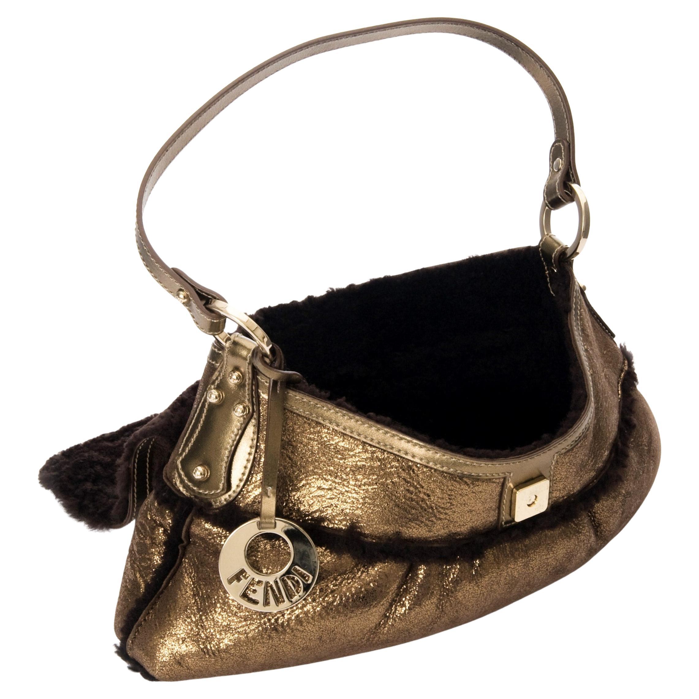 Brown New Fendi Bronze Metallic Chef Baguette Fully Lined in Shearling Bag For Sale