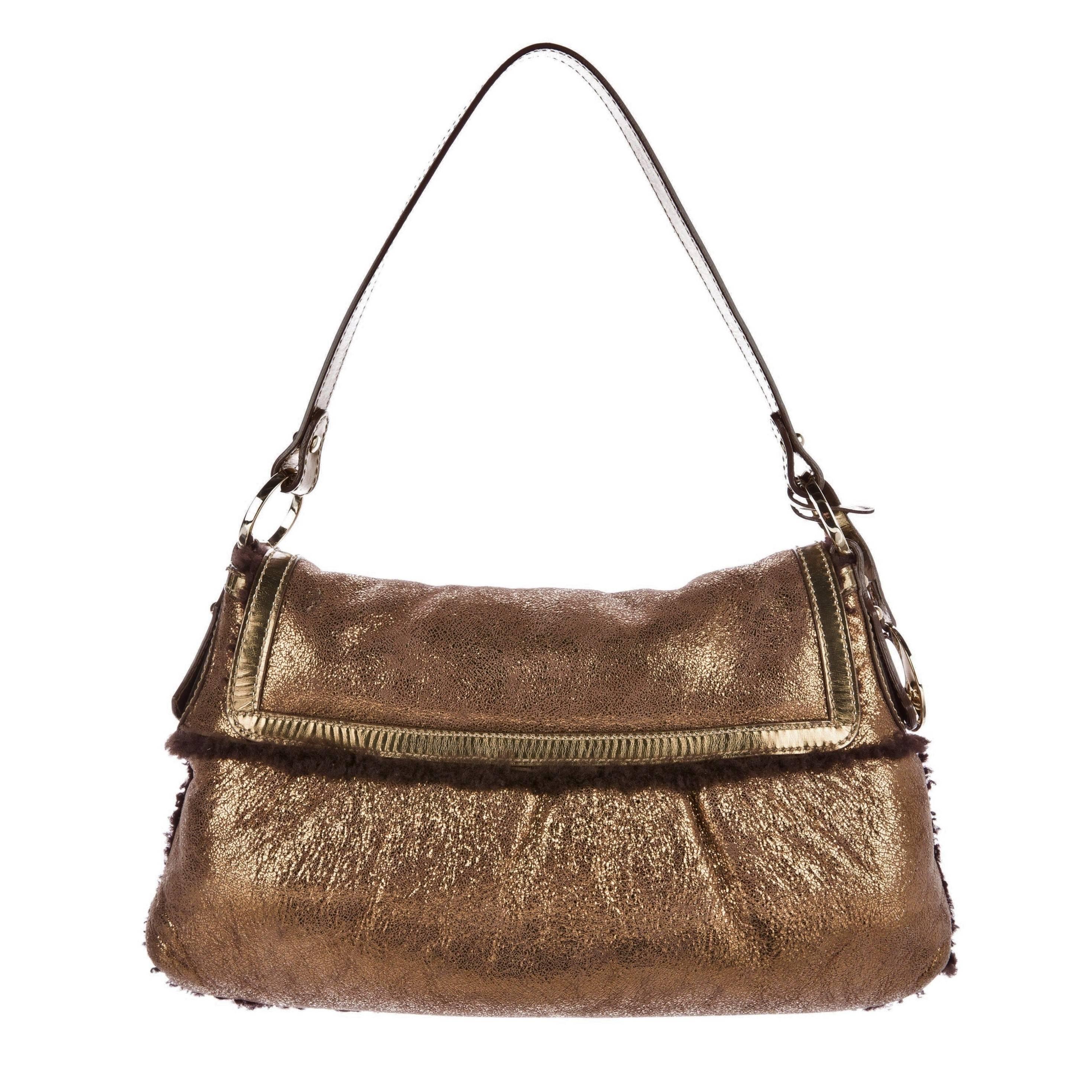New Fendi Bronze Metallic Chef Baguette Fully Lined in Shearling Bag In New Condition For Sale In Leesburg, VA