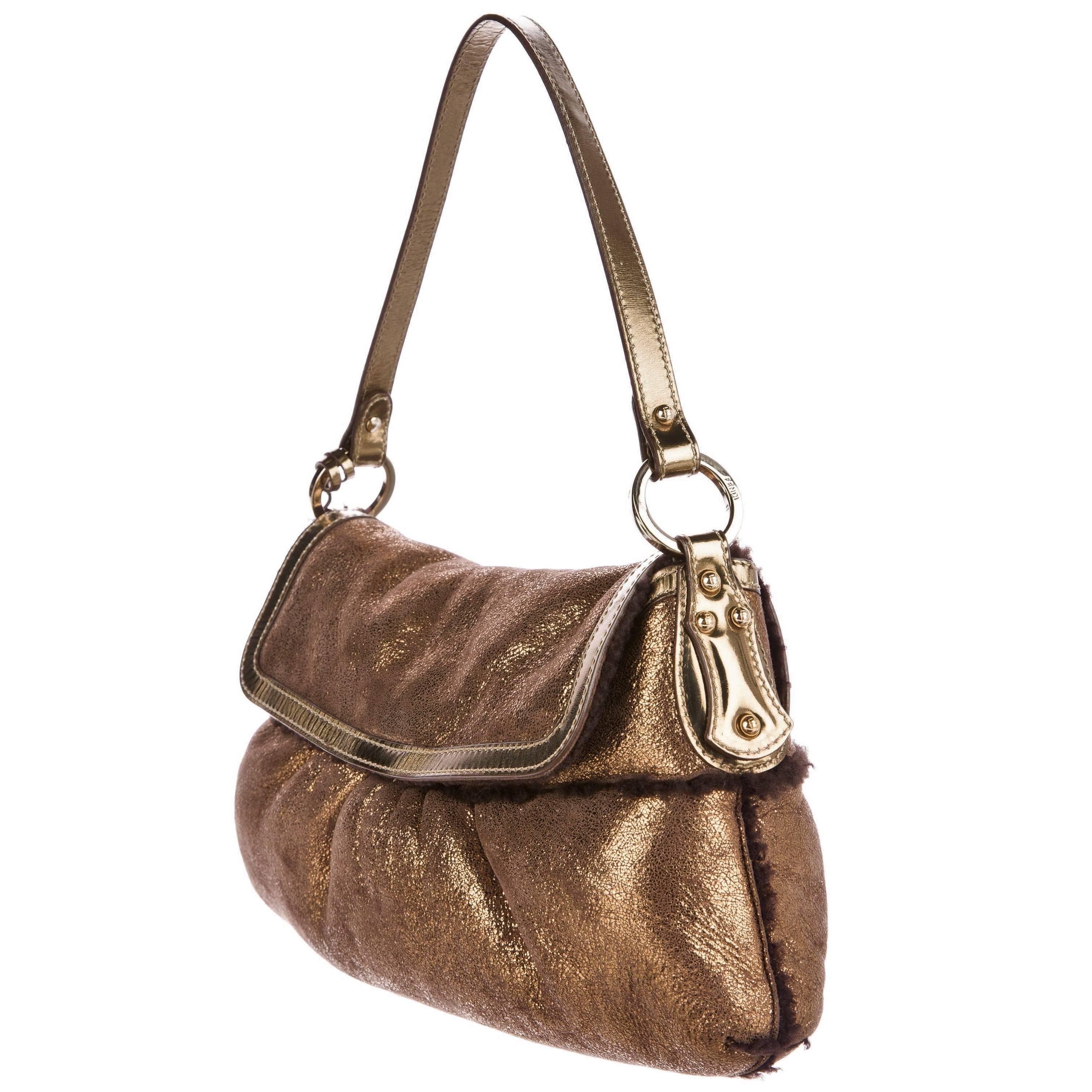 New Fendi Shearling Bronze Baguette Bag With Fendi Squirrel Purse Charm For Sale 1