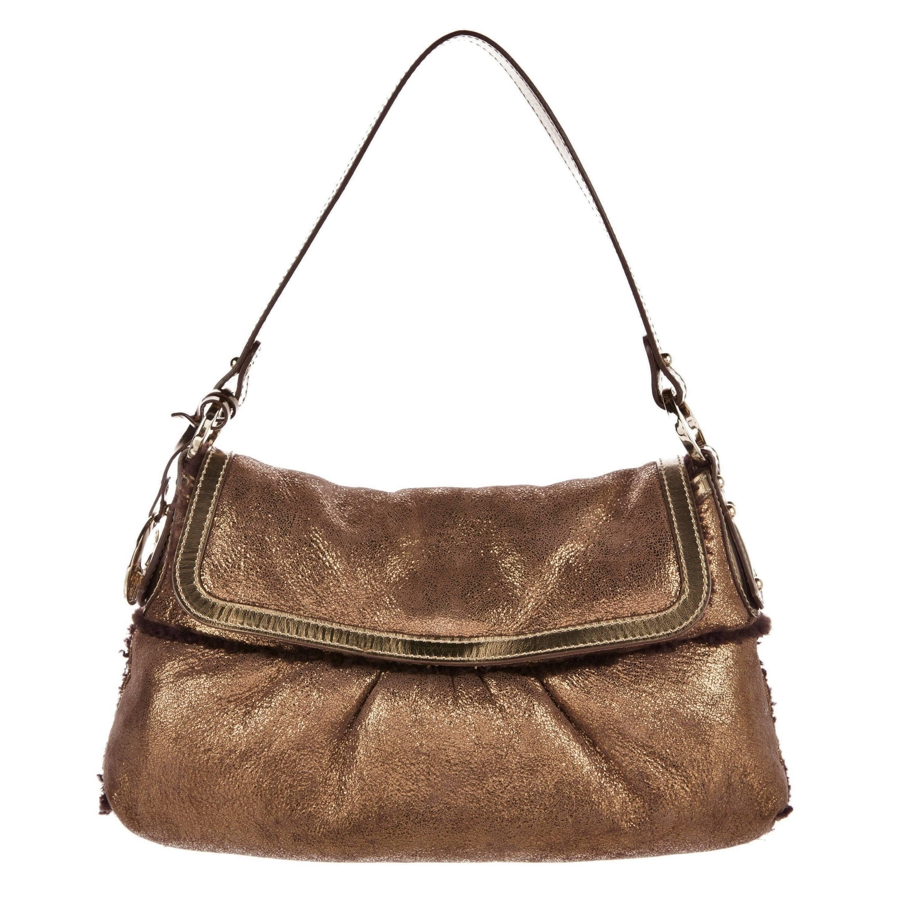 New Fendi Shearling Bronze Baguette Bag With Fendi Squirrel Purse Charm For Sale 2
