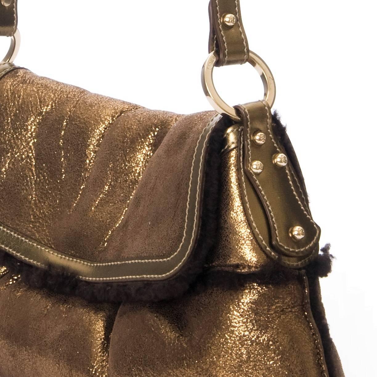New Fendi Bronze Metallic Chef Baguette Fully Lined in Shearling Bag For Sale 1