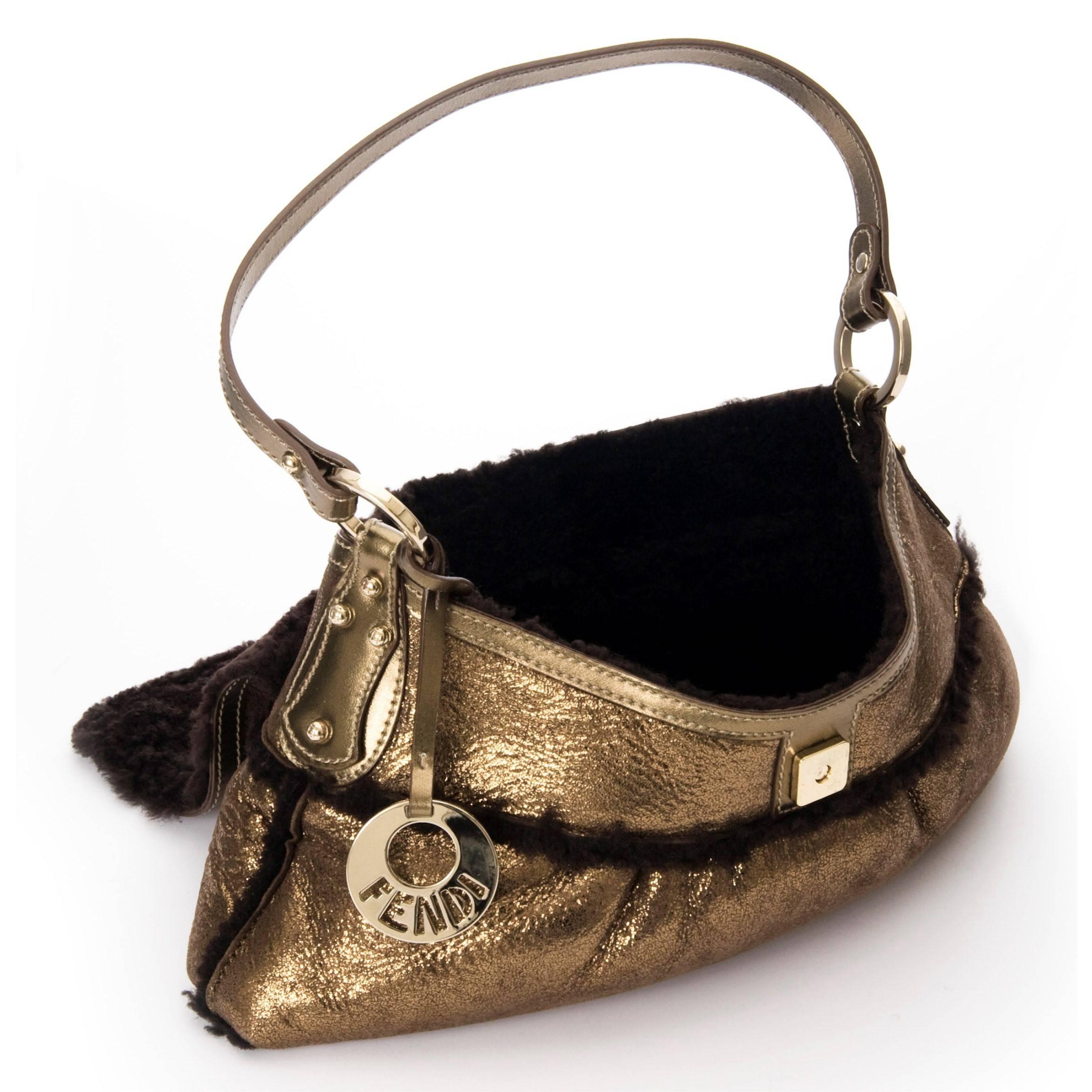 New Fendi Shearling Bronze Baguette Bag With Fendi Squirrel Purse Charm For Sale 3