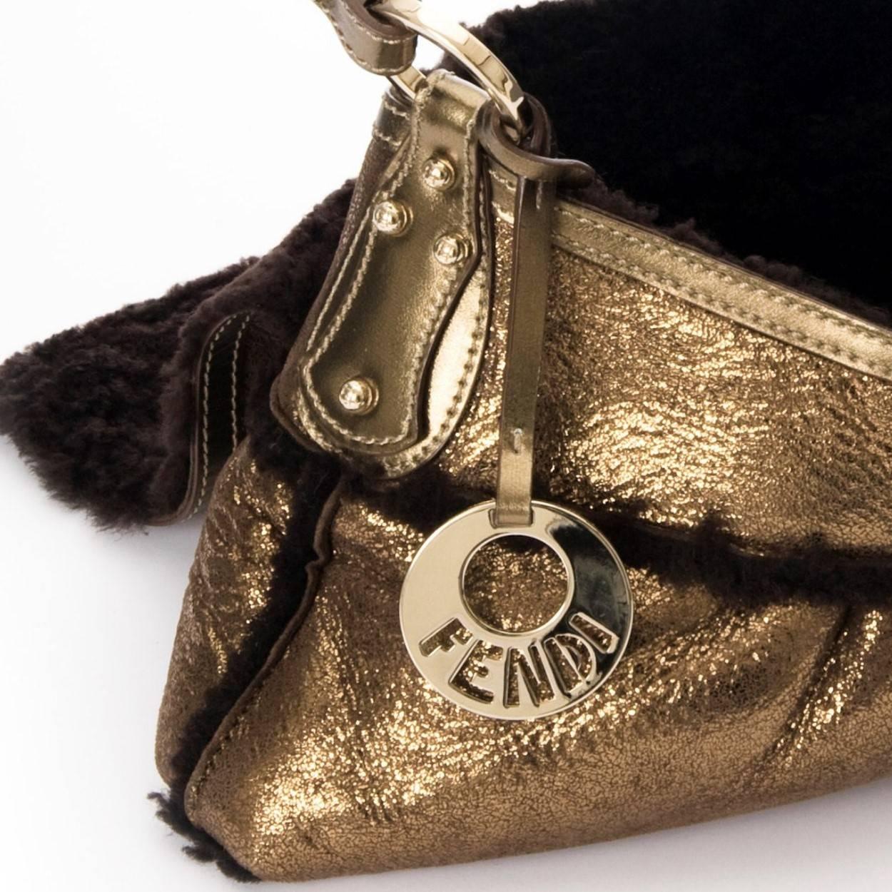 New Fendi Bronze Metallic Chef Baguette Fully Lined in Shearling Bag For Sale 2