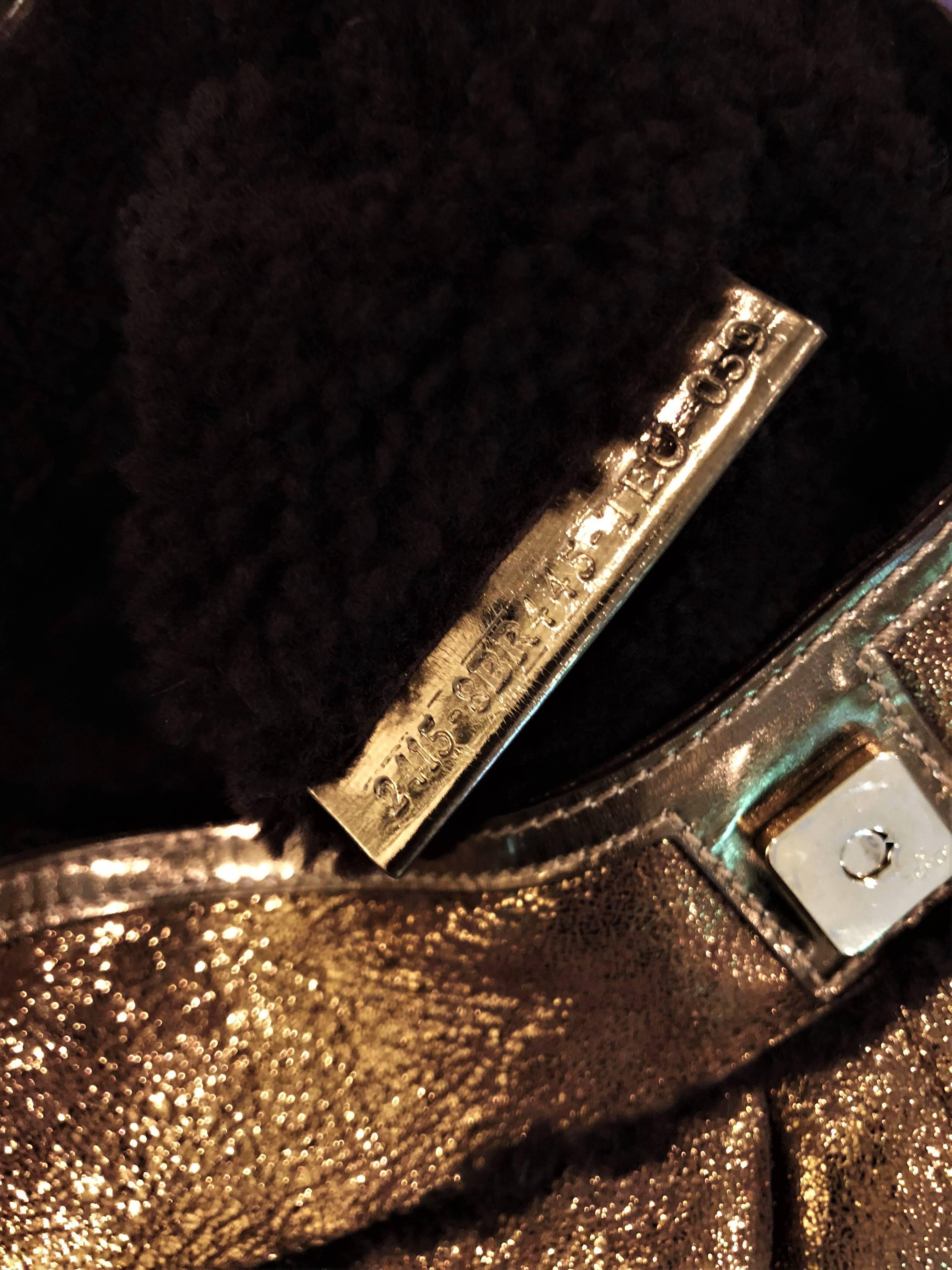 New Fendi Bronze Metallic Chef Baguette Fully Lined in Shearling Bag For Sale 3