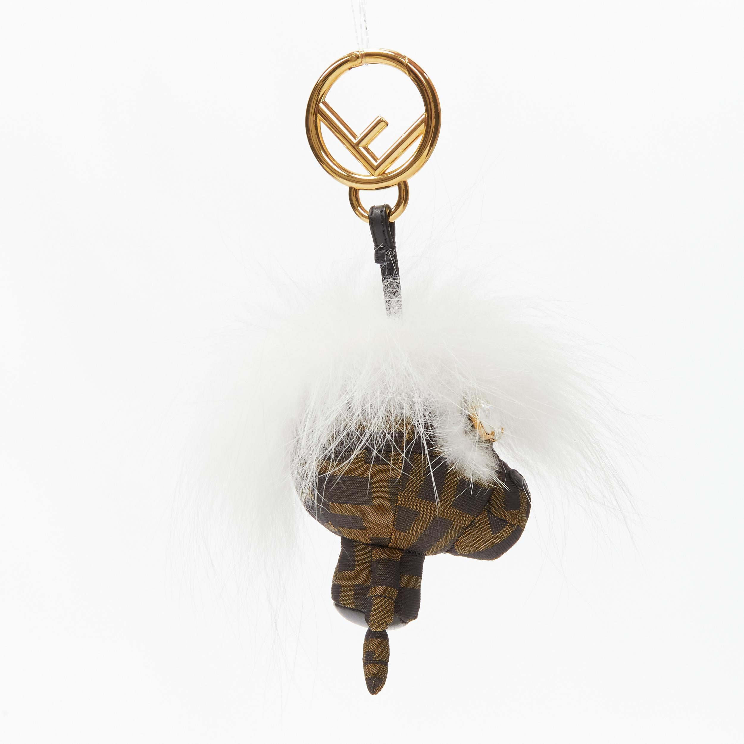 new FENDI Space Monkey Zucca FF monogram white fur crystal keyring bag charm In Excellent Condition For Sale In Hong Kong, NT
