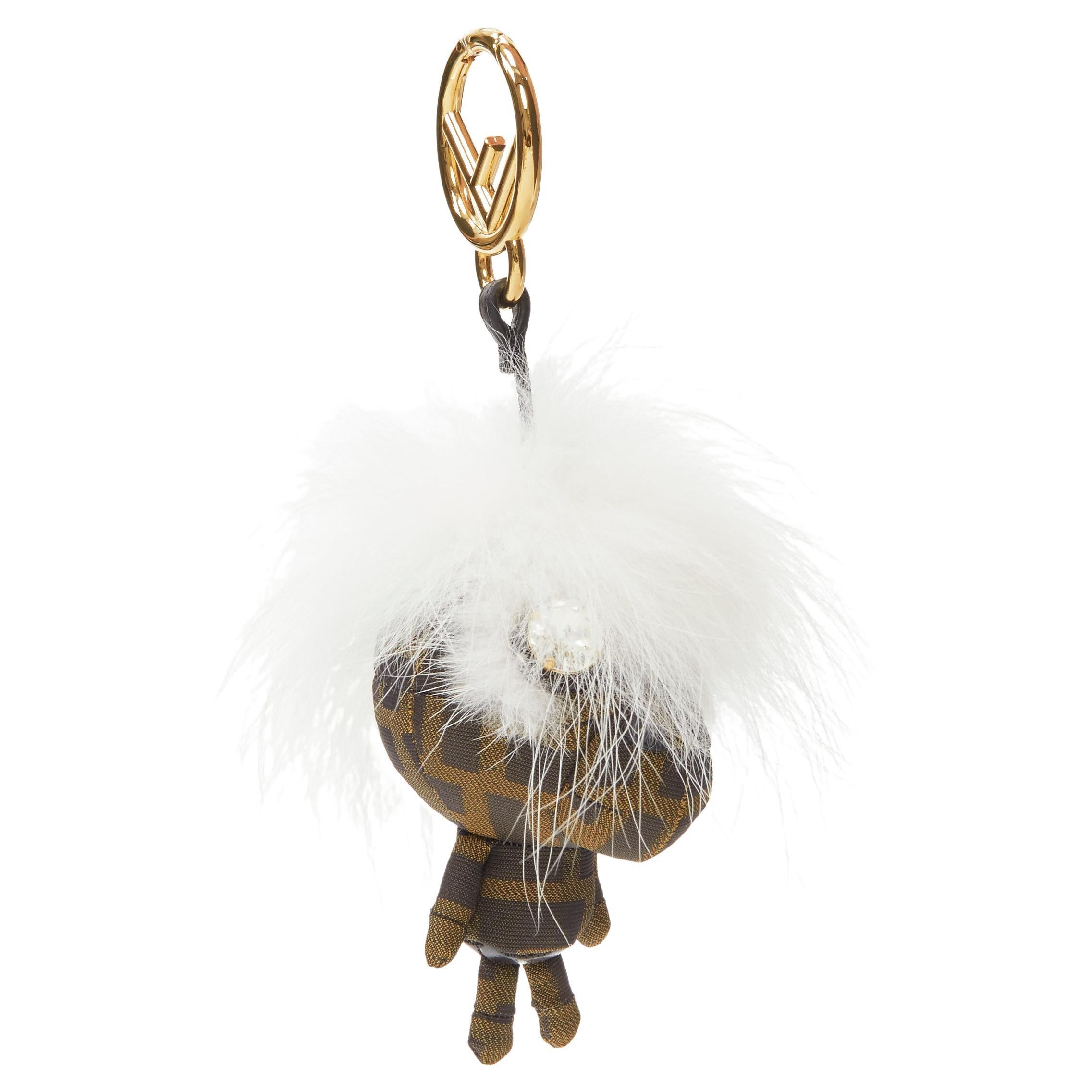 new FENDI Space Monkey Zucca FF monogram white fur crystal keyring bag charm For Sale