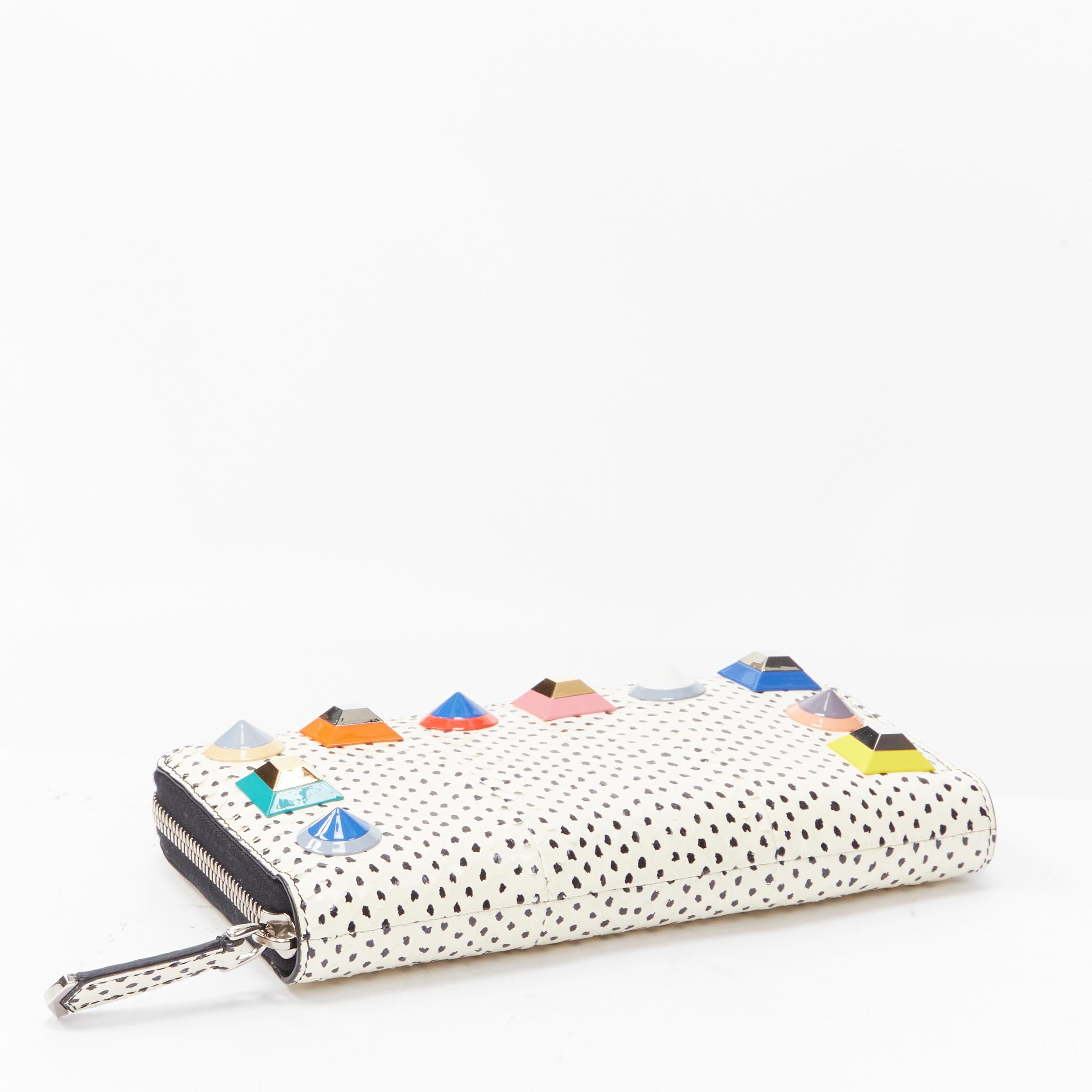 White new FENDI white dotted scaled leather Rainbow studs long zip continental wallet For Sale