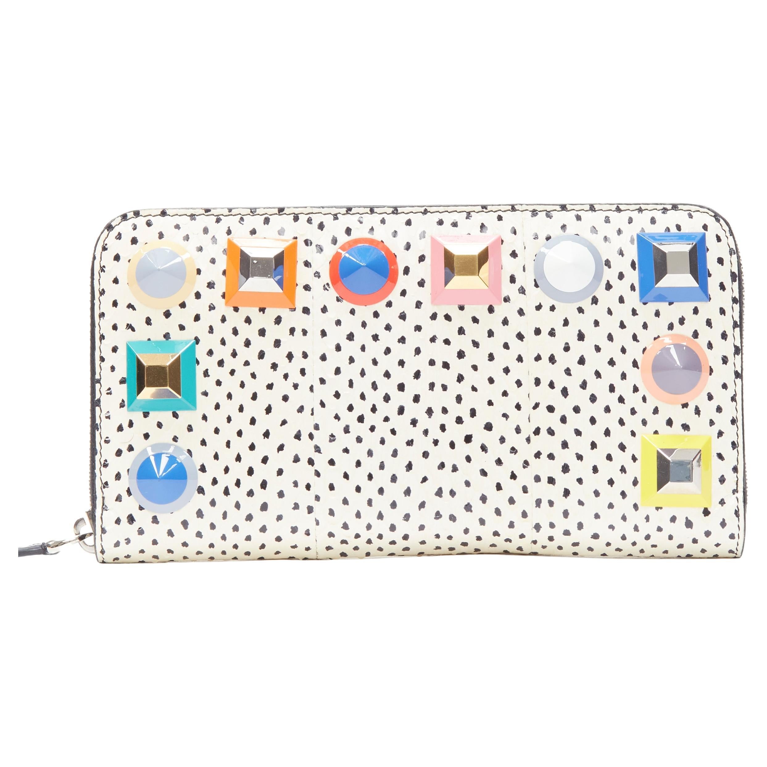 new FENDI white dotted scaled leather Rainbow studs long zip continental wallet