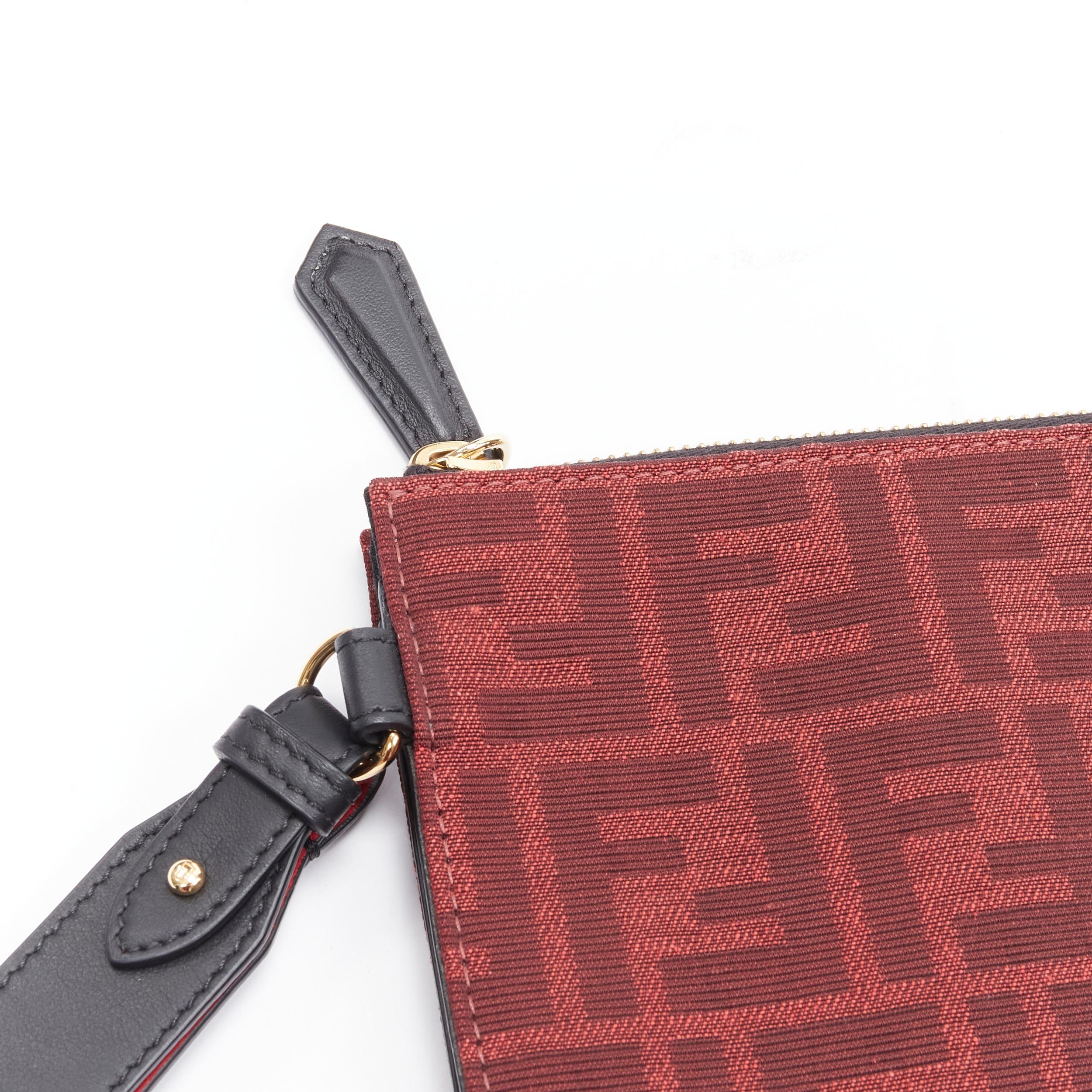 Brown new FENDI Zucca FF monogram red canvas black leather zip clutch bag For Sale