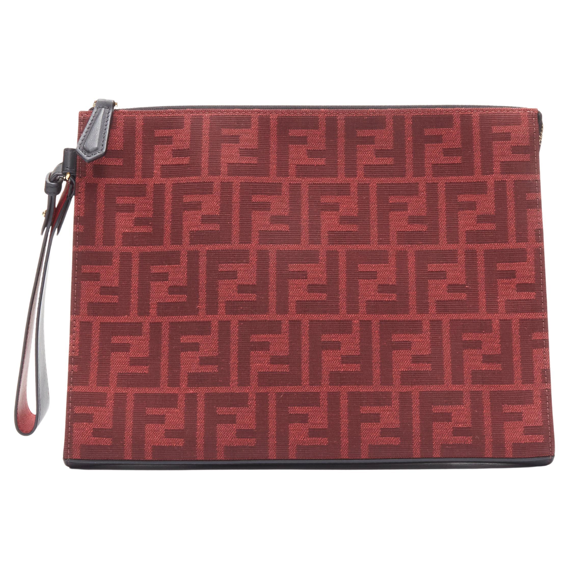 new FENDI Zucca FF monogram red canvas black leather zip clutch bag For Sale