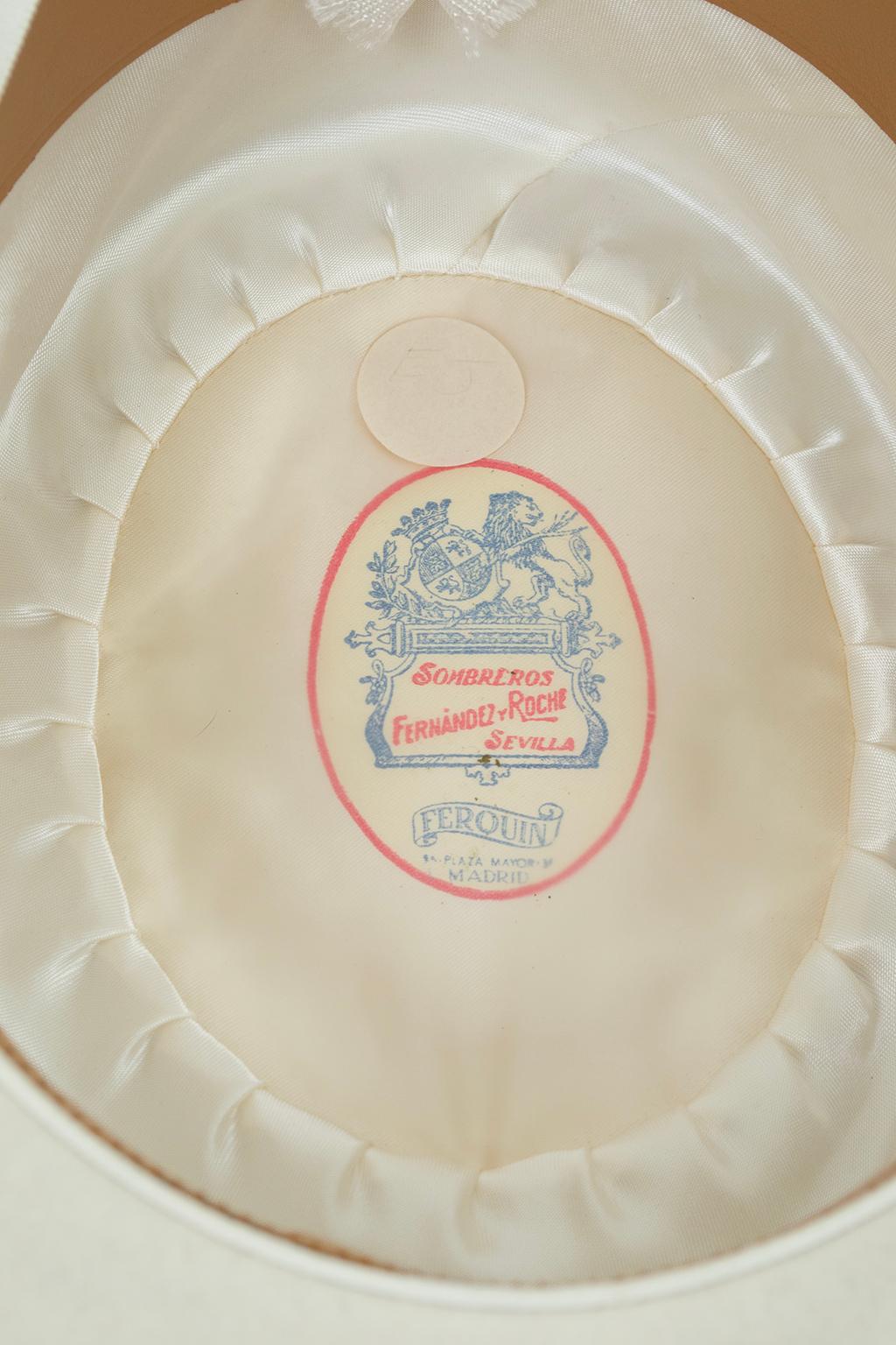 New Fernandez y Roche Ivory Gaucho Hat w Passementerie Band, Madrid – L, 1950s For Sale 8