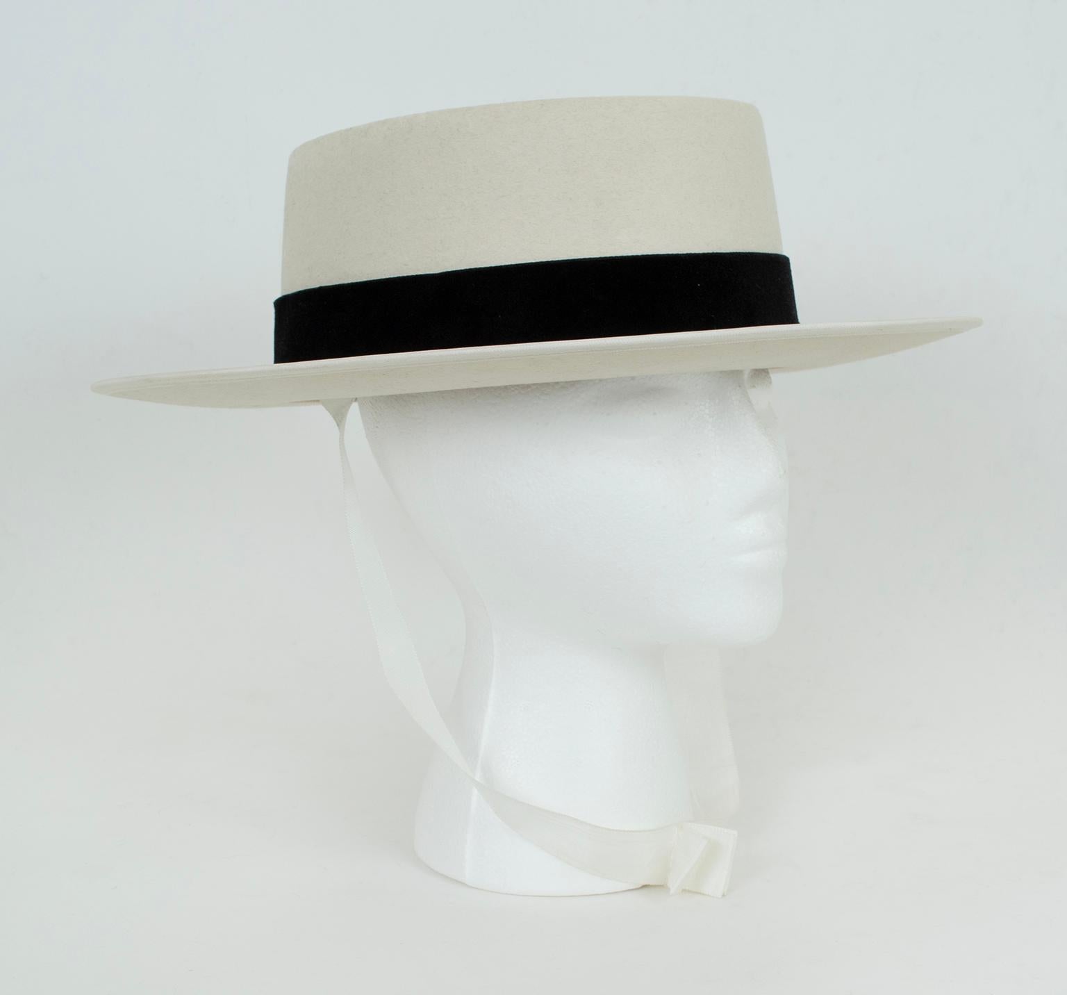 The style favored by legends like Georgia O’Keefe and Zorro, the Gaucho (or Bolero) hat is beloved for its ruggedness, practicality and flattering angular profile. A departure from the traditional black, this model is in a dressier ivory and
