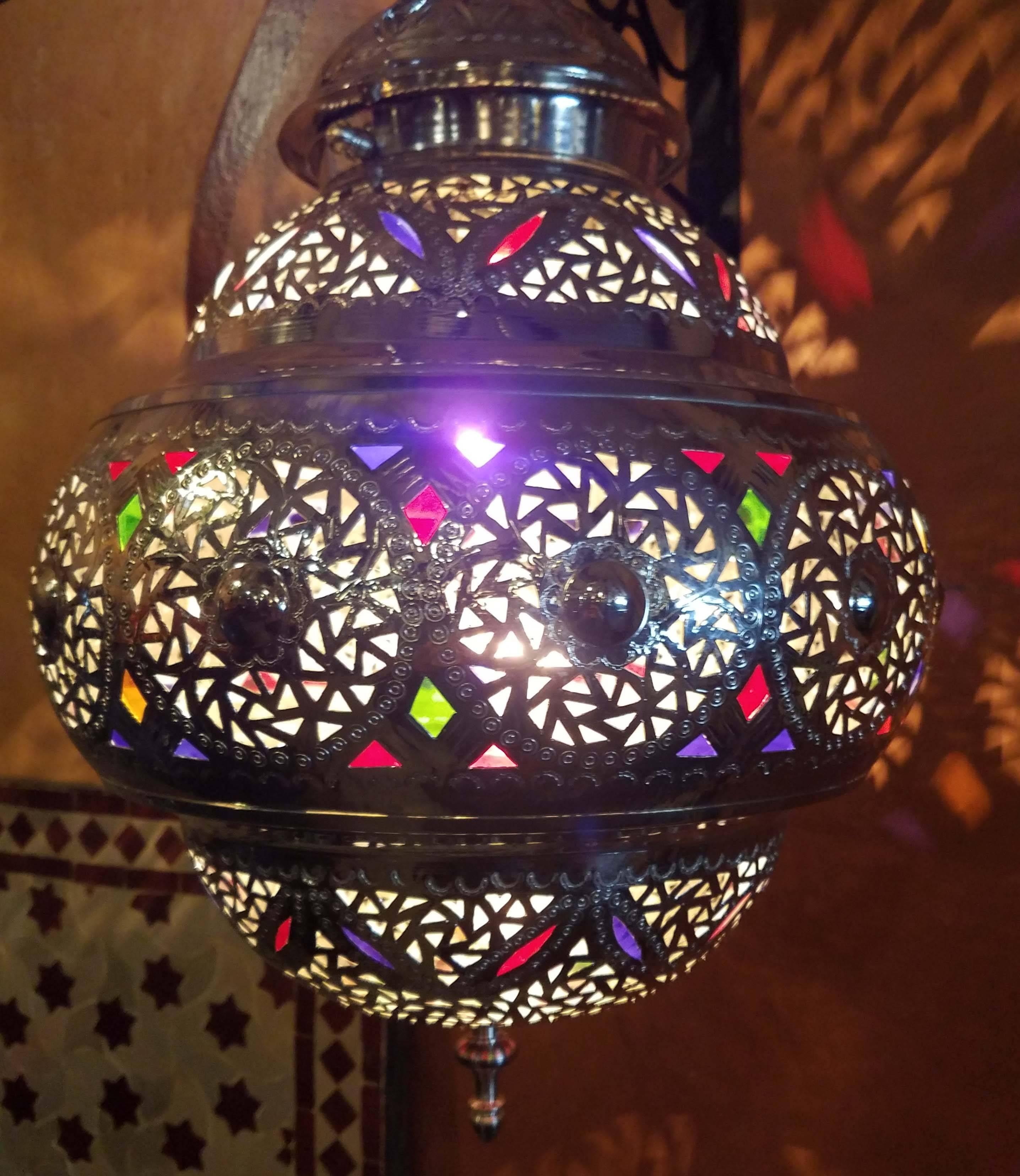 Contemporary New Fez Moroccan Lantern, Copper, Silver Look For Sale