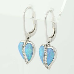 Fiery Blue Opal and Diamond Kabana Earrings, 14k Gold Round Brilliant .15 Carat