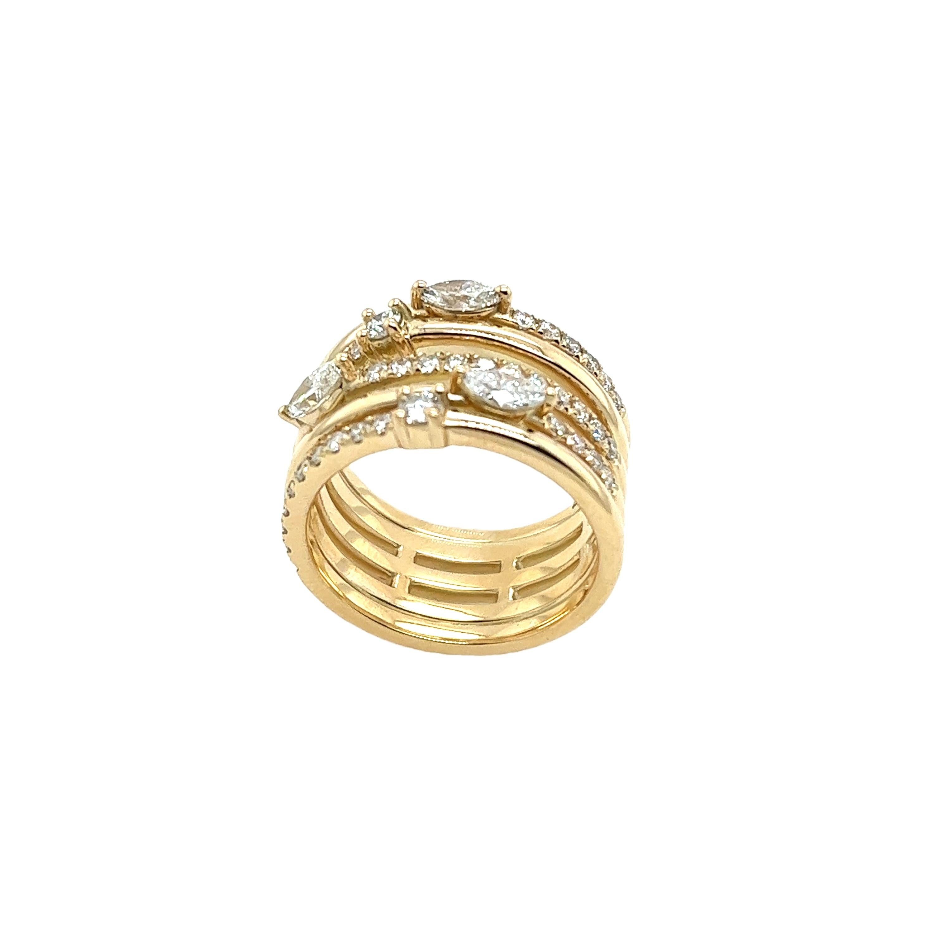 This stunning 5 Row Dress Ring, crafted from luxurious 14ct Yellow Gold, 
is set with a total of 1.15ct of sparkling diamonds. 
The ring features three exquisite marquise diamonds totaling 0.54ct, 
beautifully complemented by round brilliant cut