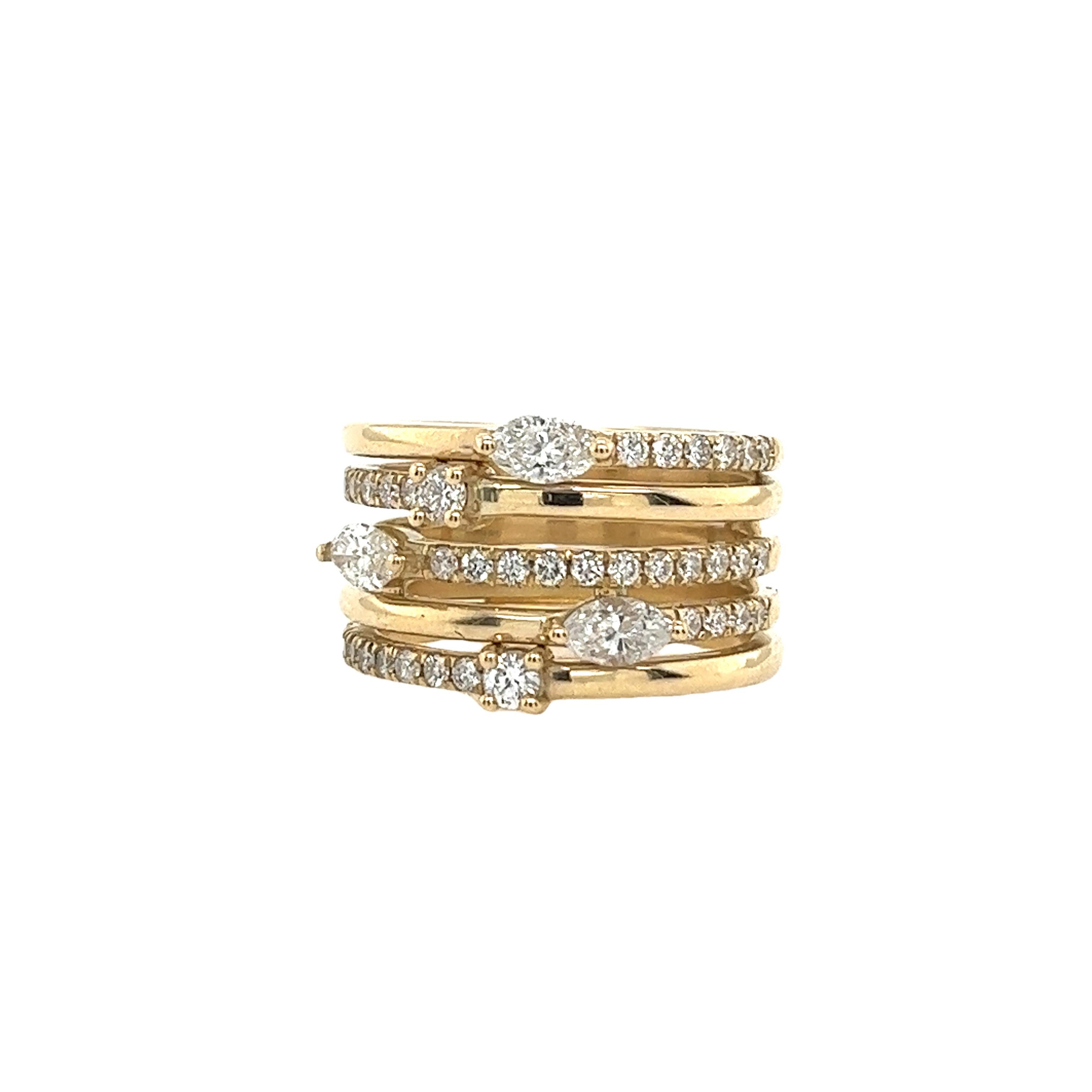 New Fine Quality 5 Row 14ct Yellow Gold Dress Ring, with 1.15ct Diamonds In New Condition For Sale In London, GB
