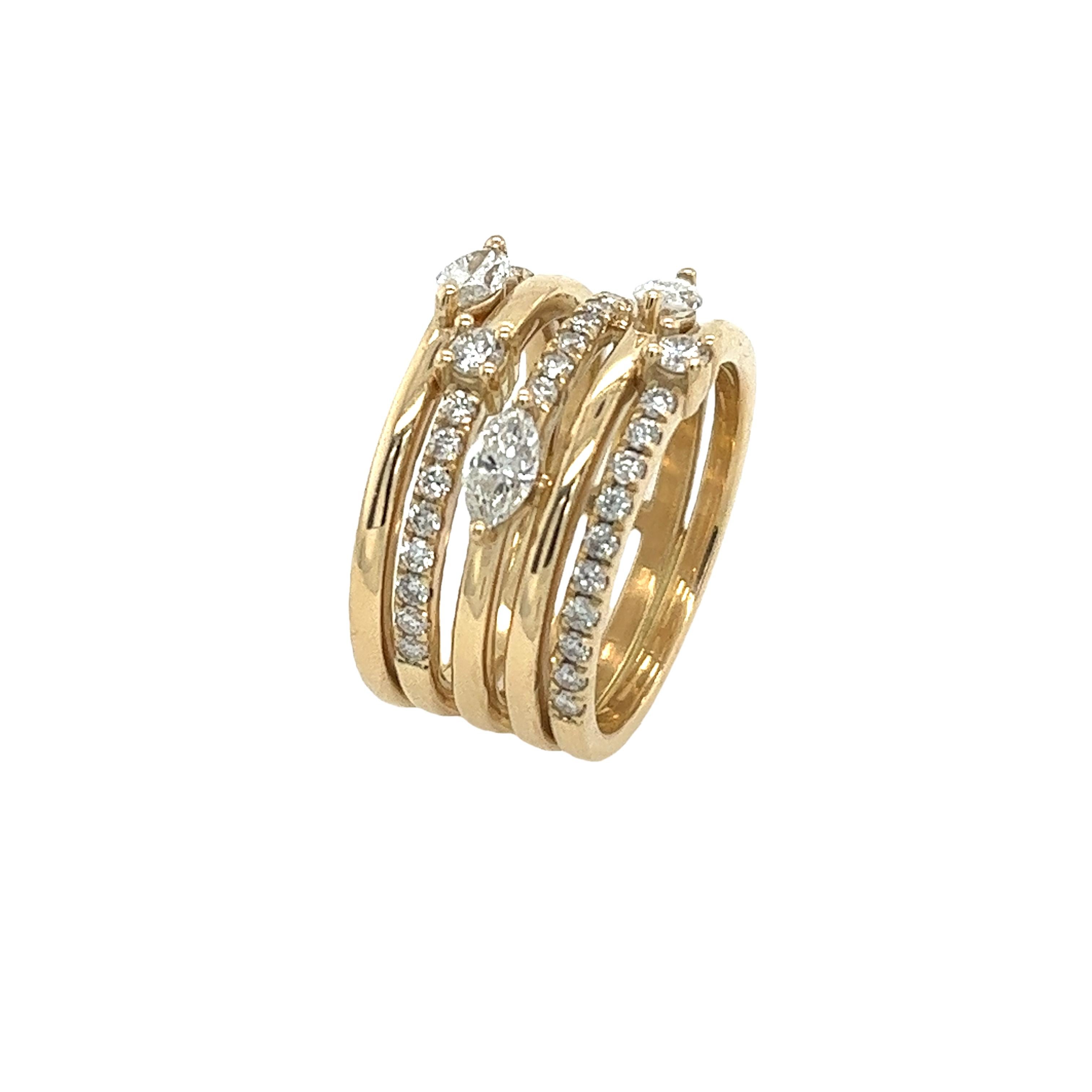 Women's New Fine Quality 5 Row 14ct Yellow Gold Dress Ring, with 1.15ct Diamonds For Sale