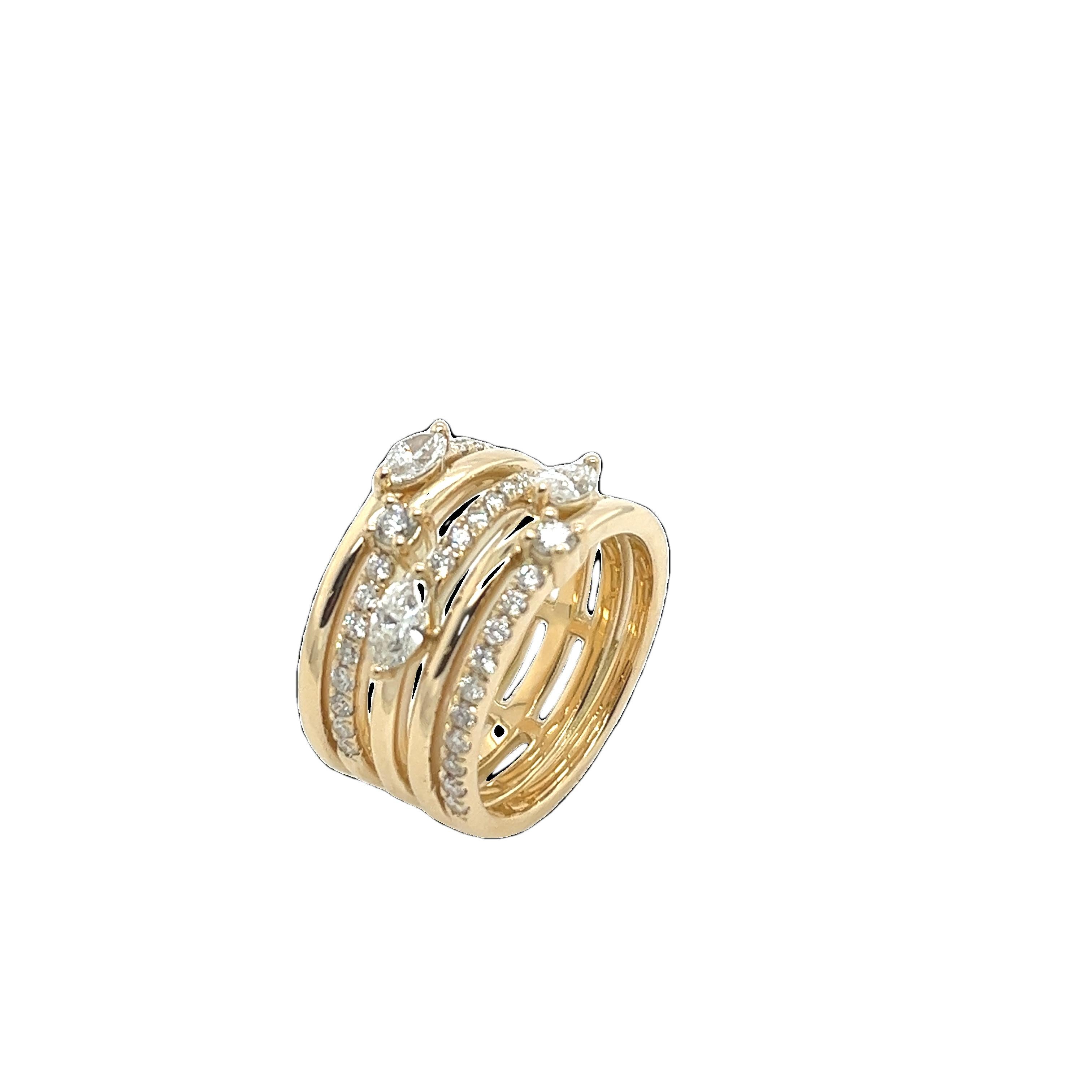 New Fine Quality 5 Row 14ct Yellow Gold Dress Ring, with 1.15ct Diamonds For Sale 2