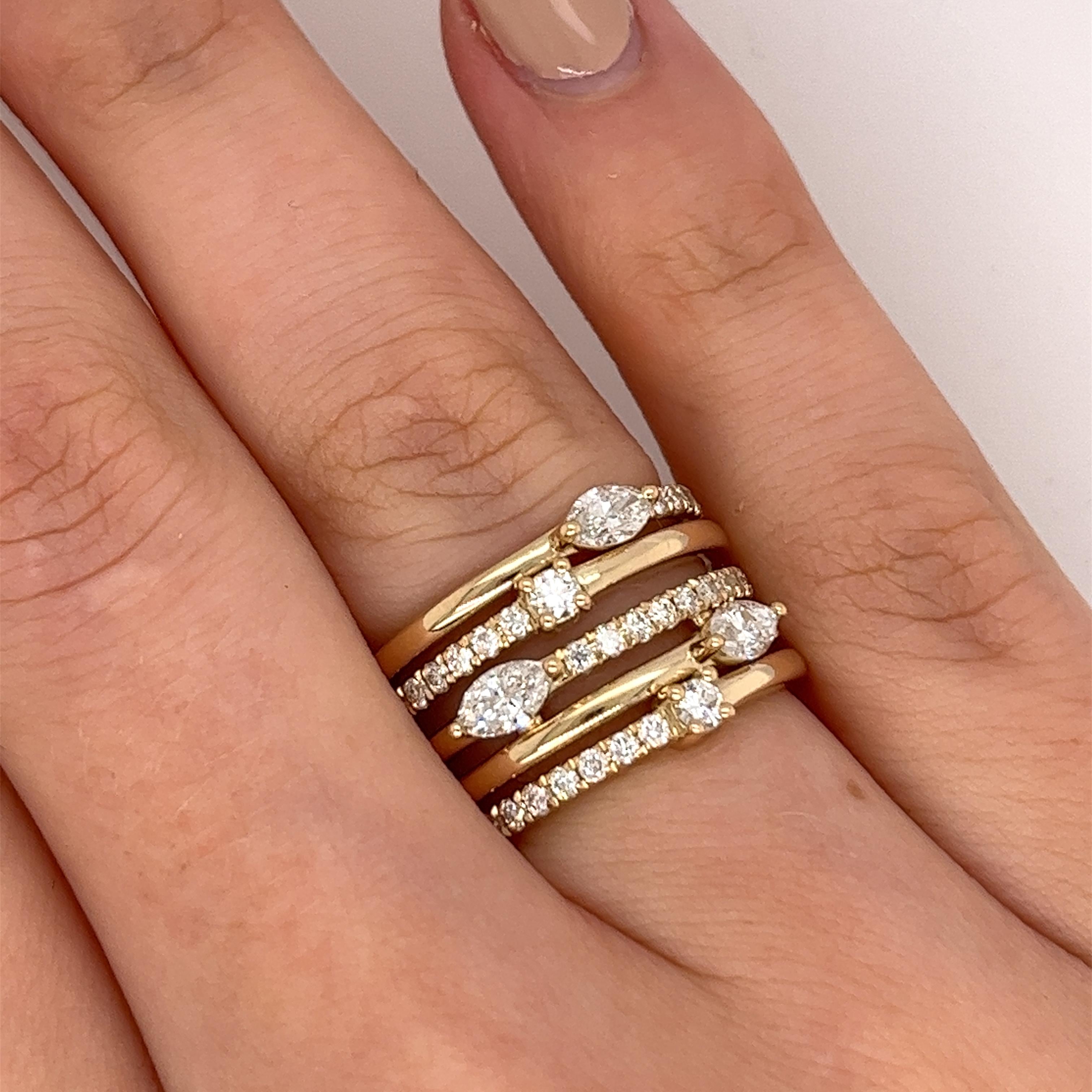 New Fine Quality 5 Row 14ct Yellow Gold Dress Ring, with 1.15ct Diamonds For Sale 3